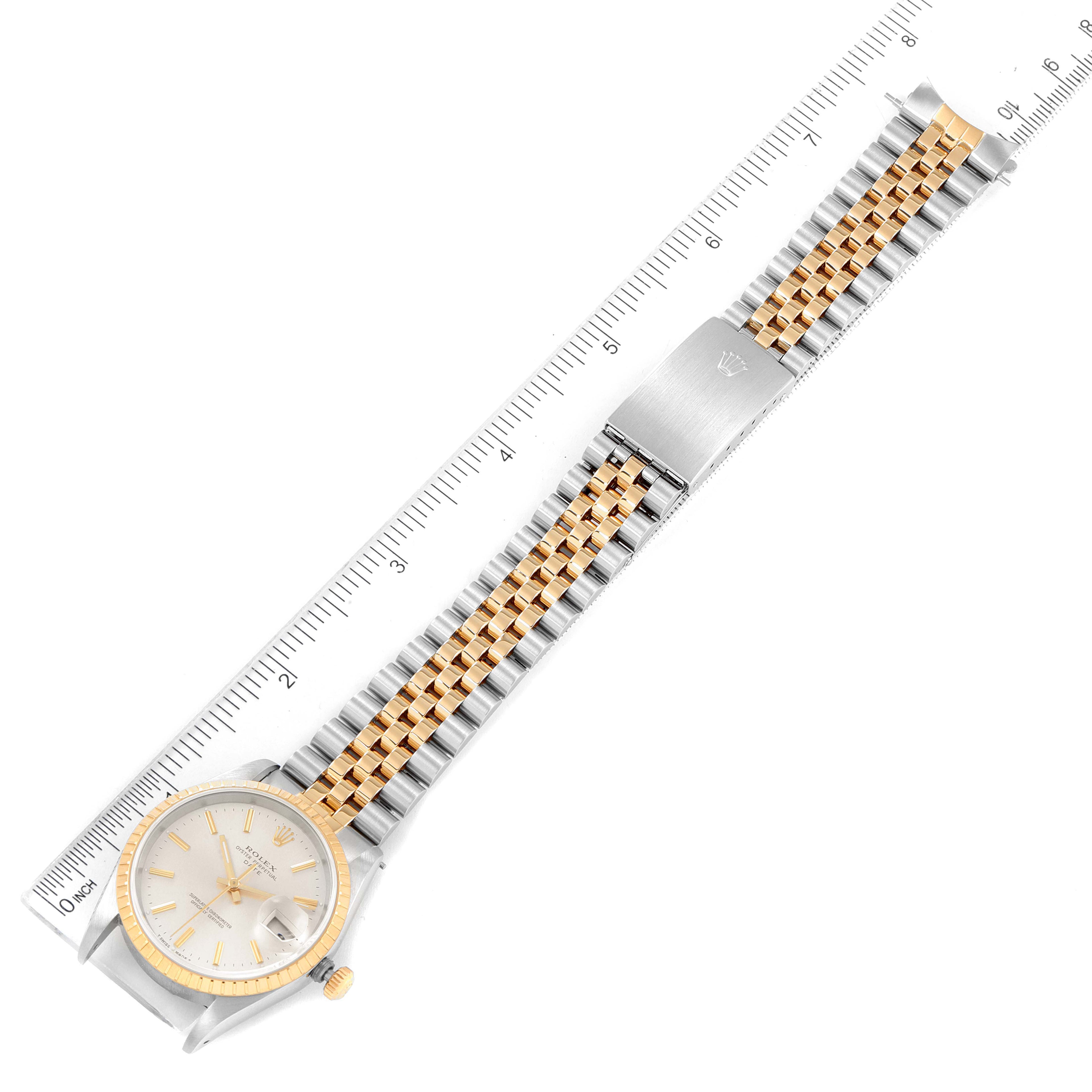 Rolex Date Steel 18k Yellow Gold Silver Dial Mens Watch 15223 Box Papers