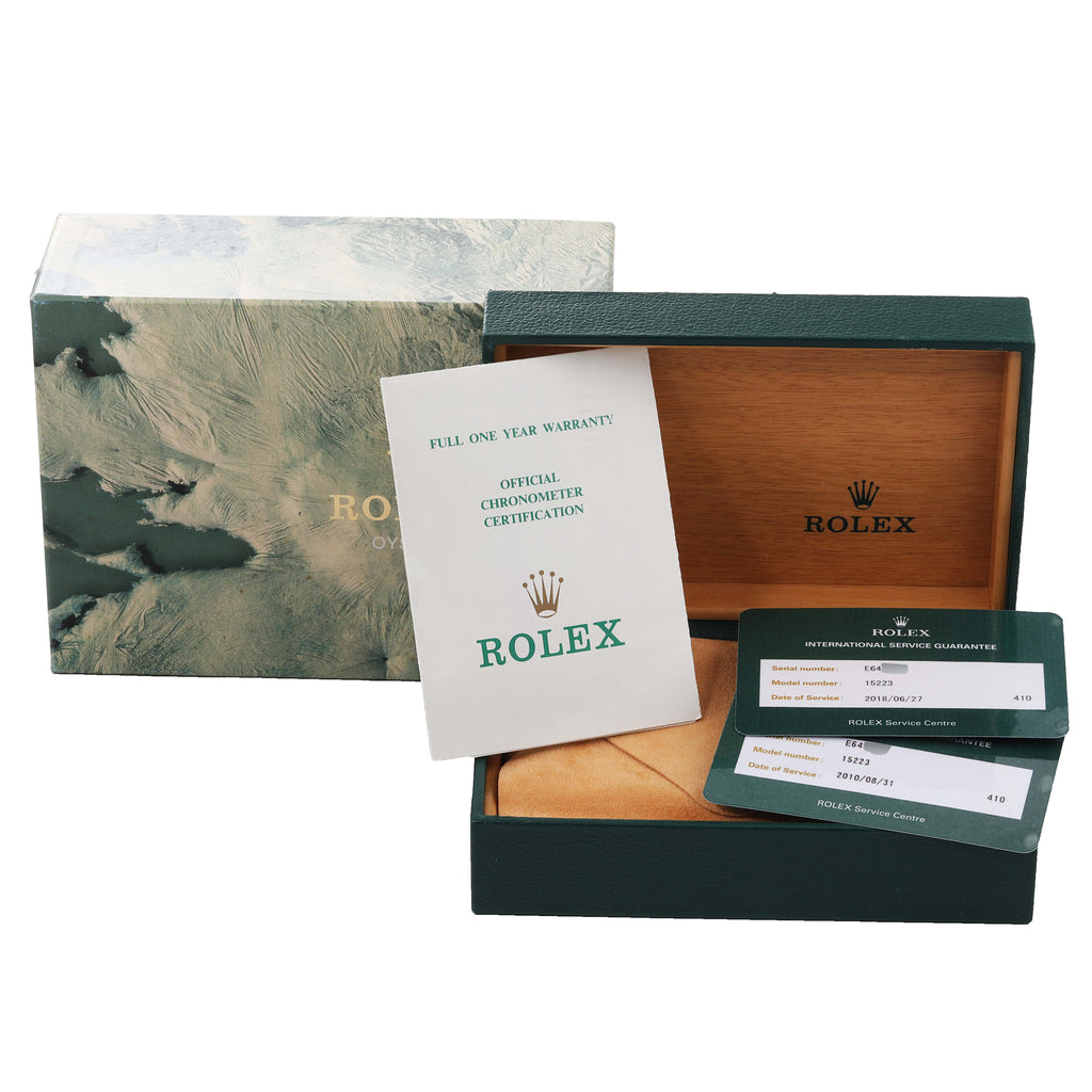 Rolex Date Steel 18k Yellow Gold Silver Dial Mens Watch 15223 Box Papers