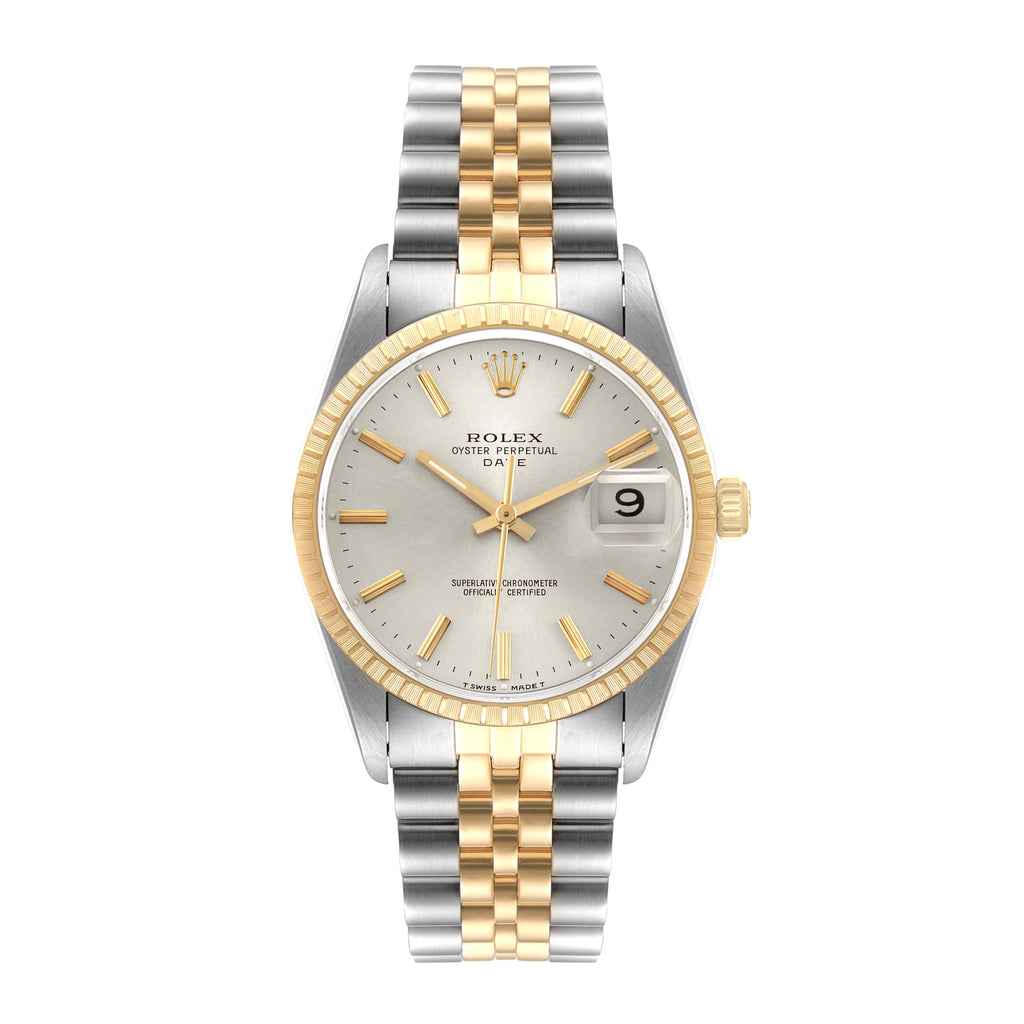 Rolex Date Steel 18k Yellow Gold Silver Dial Mens Watch 15223 Box Papers