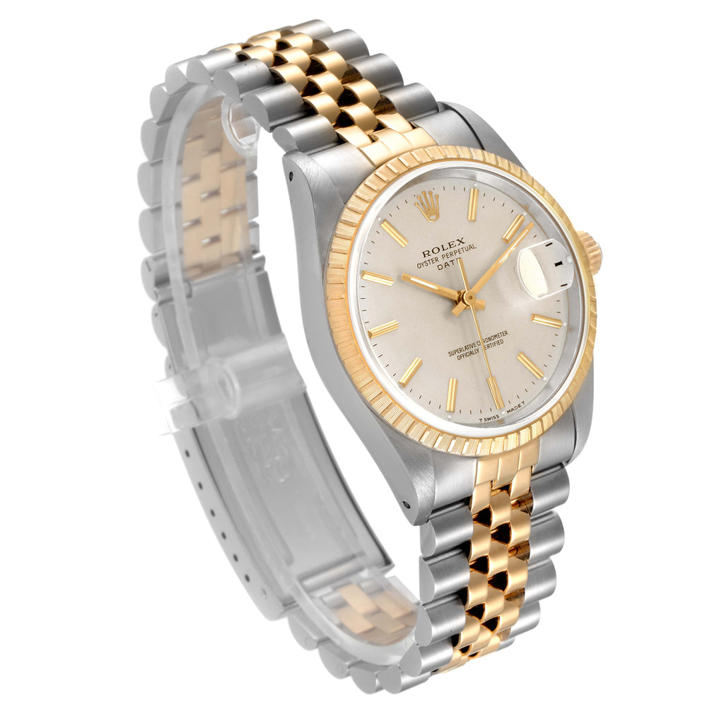 Rolex Date Steel 18k Yellow Gold Silver Dial Mens Watch 15223 Box Papers