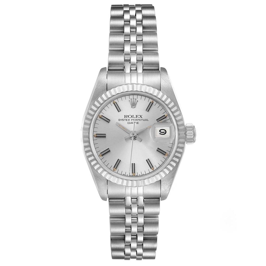 Rolex Date Steel White Gold Silver Dial Ladies Watch 69174 Box Papers