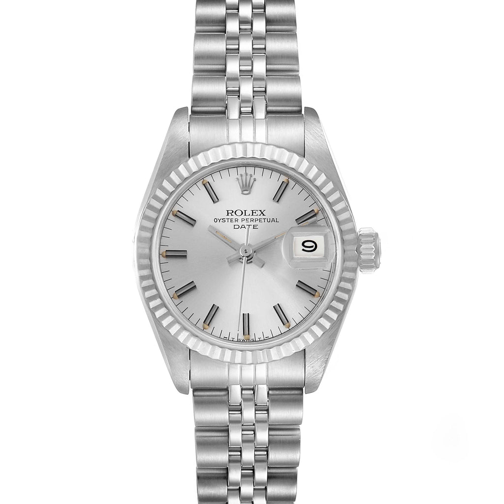 Rolex Date Steel White Gold Silver Dial Ladies Watch 69174 Box Papers