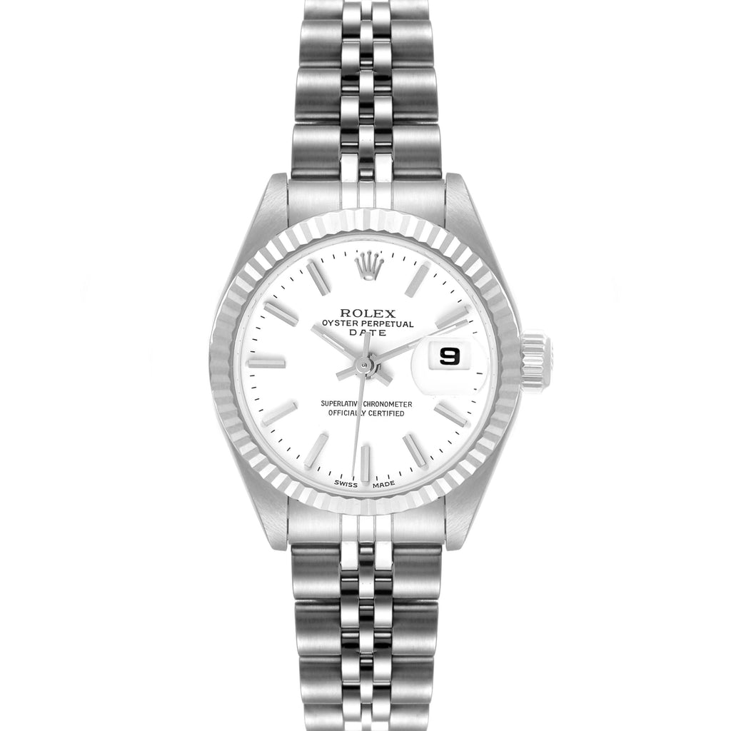 Rolex Date Steel White Gold White Dial Ladies Watch 69174 Box Papers