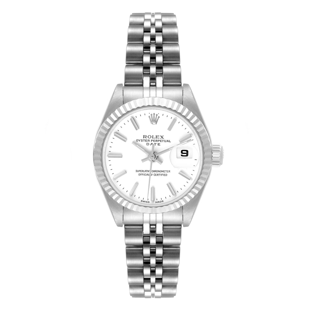 Rolex Date Steel White Gold White Dial Ladies Watch 69174 Box Papers