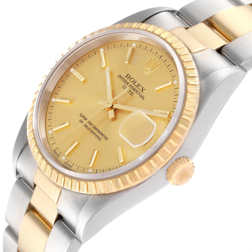 Rolex Date Steel Yellow Gold Baton Dial Oyster Bracelet Mens Watch 15223