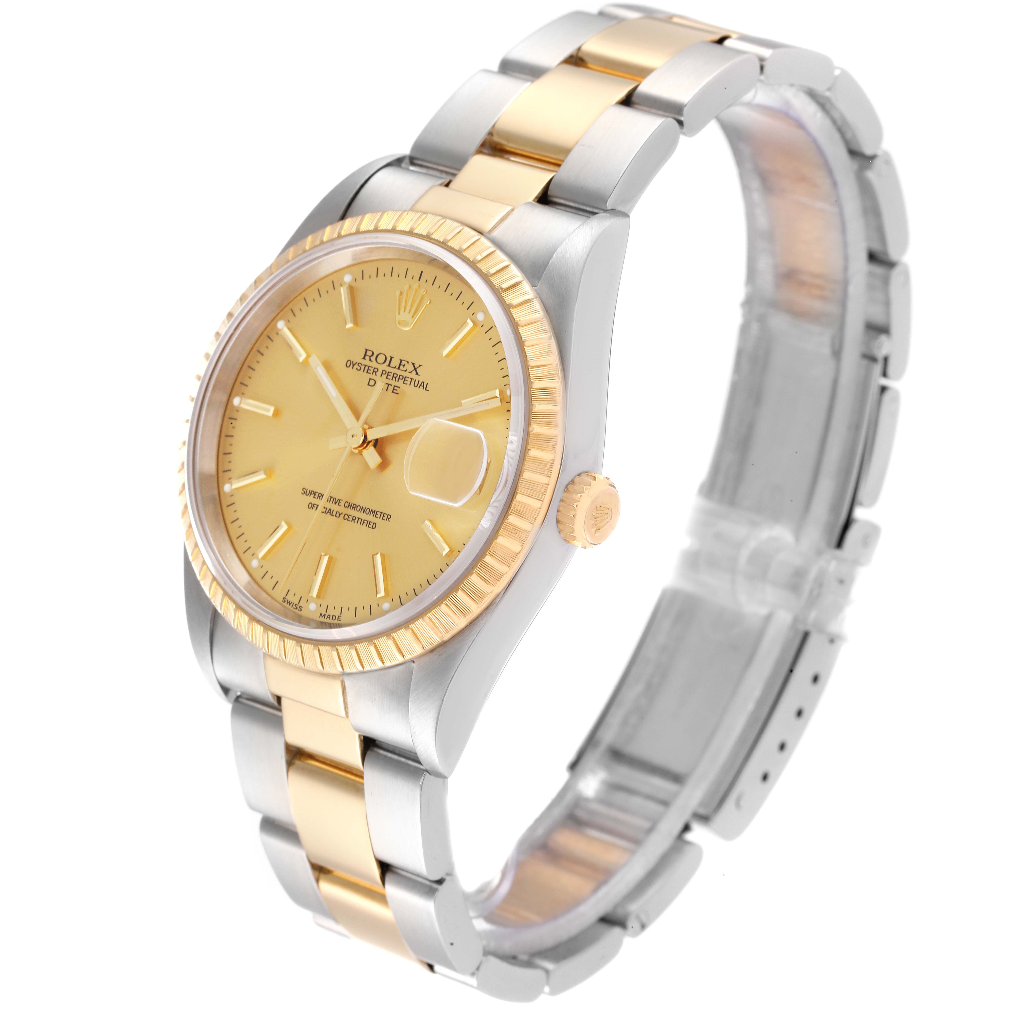 Rolex Date Steel Yellow Gold Baton Dial Oyster Bracelet Mens Watch 15223