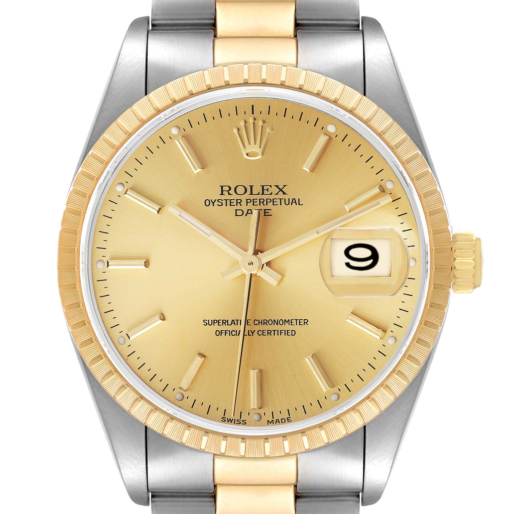 Rolex Date Steel Yellow Gold Baton Dial Oyster Bracelet Mens Watch 15223