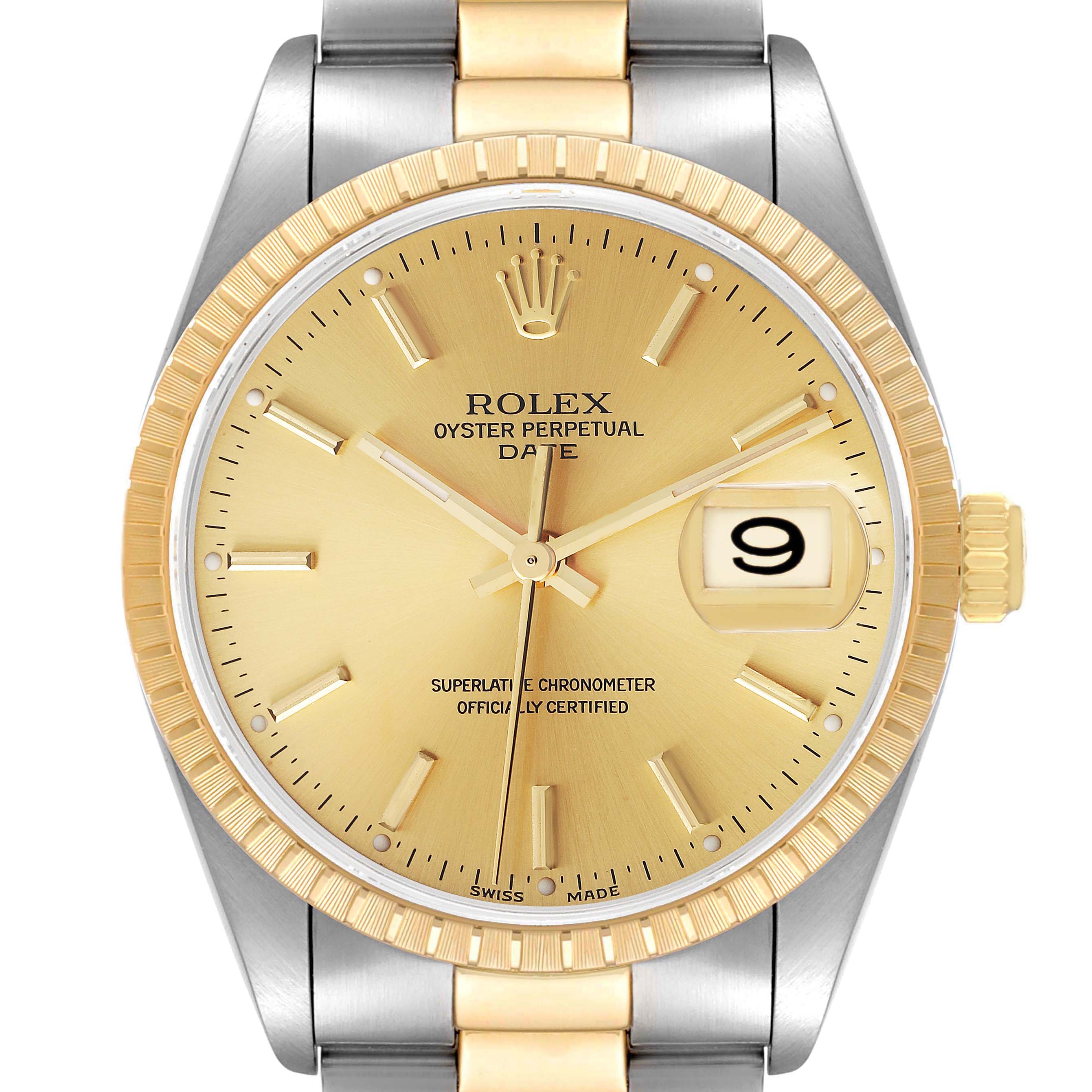 Rolex Date Steel Yellow Gold Baton Dial Oyster Bracelet Mens Watch 15223