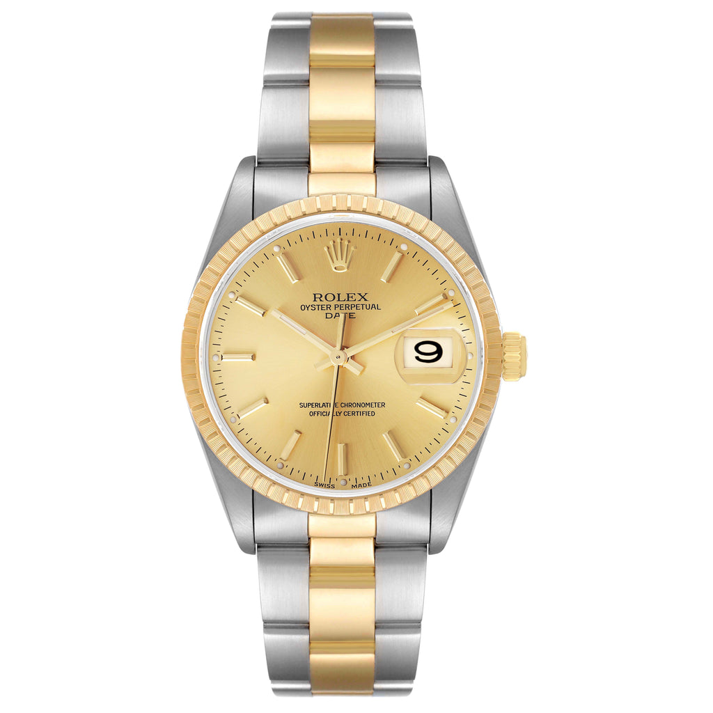 Rolex Date Steel Yellow Gold Baton Dial Oyster Bracelet Mens Watch 15223