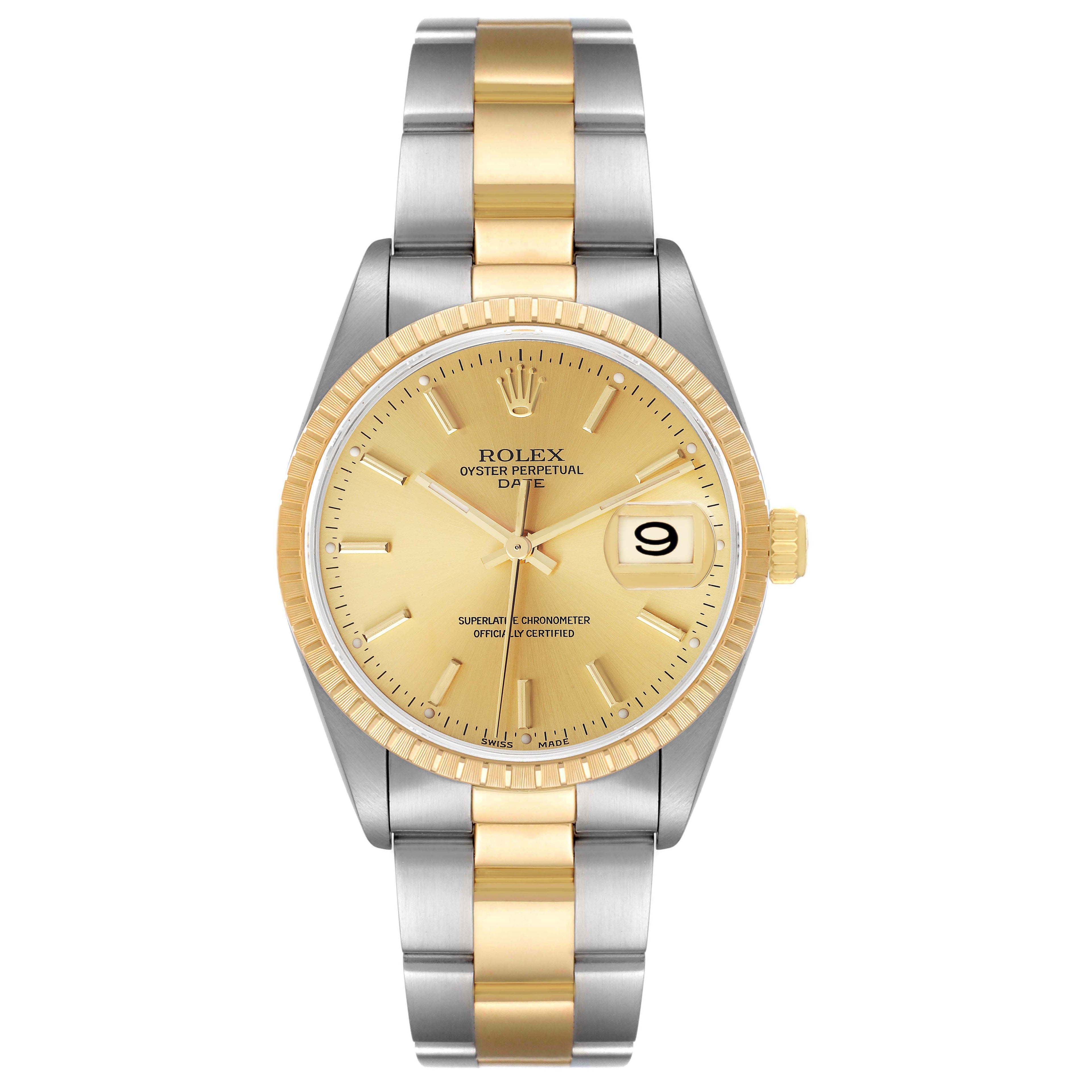 Rolex Date Steel Yellow Gold Baton Dial Oyster Bracelet Mens Watch 15223
