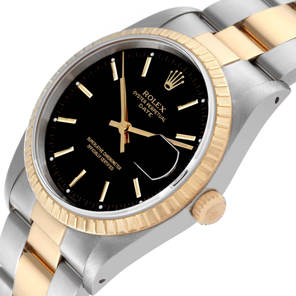 Rolex Date Steel Yellow Gold Black Dial Mens Watch 15223 Box Service Card
