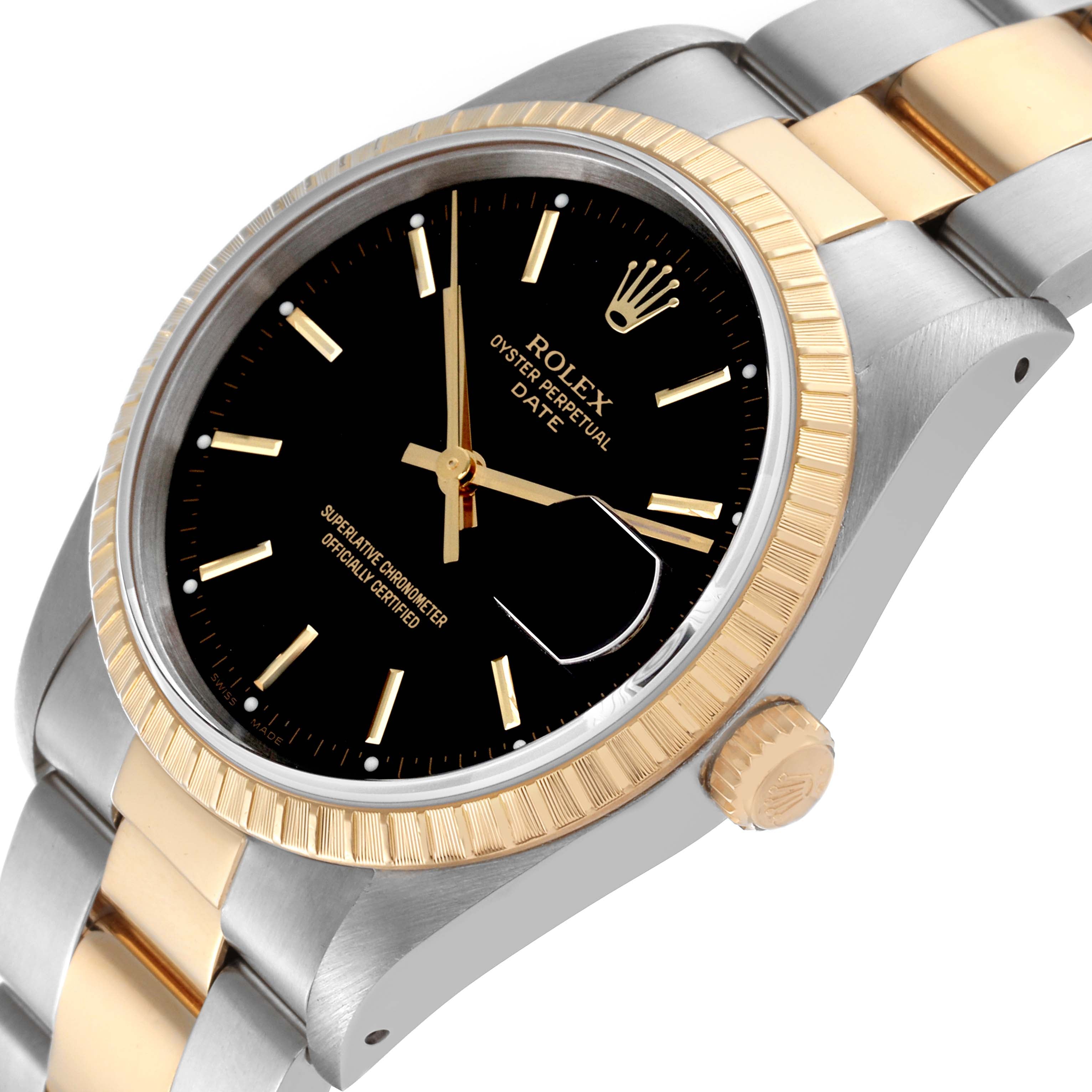 Rolex Date Steel Yellow Gold Black Dial Mens Watch 15223 Box Service Card