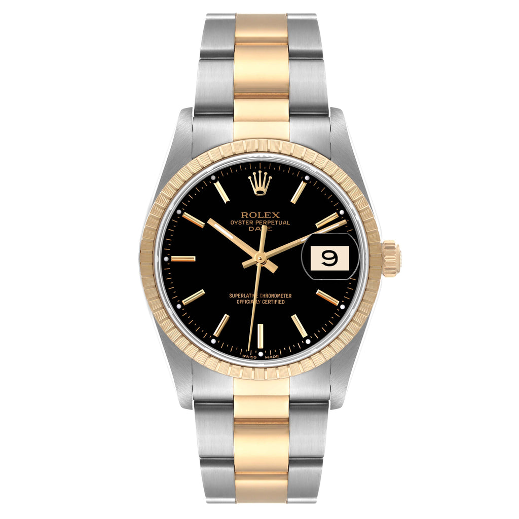 Rolex Date Steel Yellow Gold Black Dial Mens Watch 15223 Box Service Card