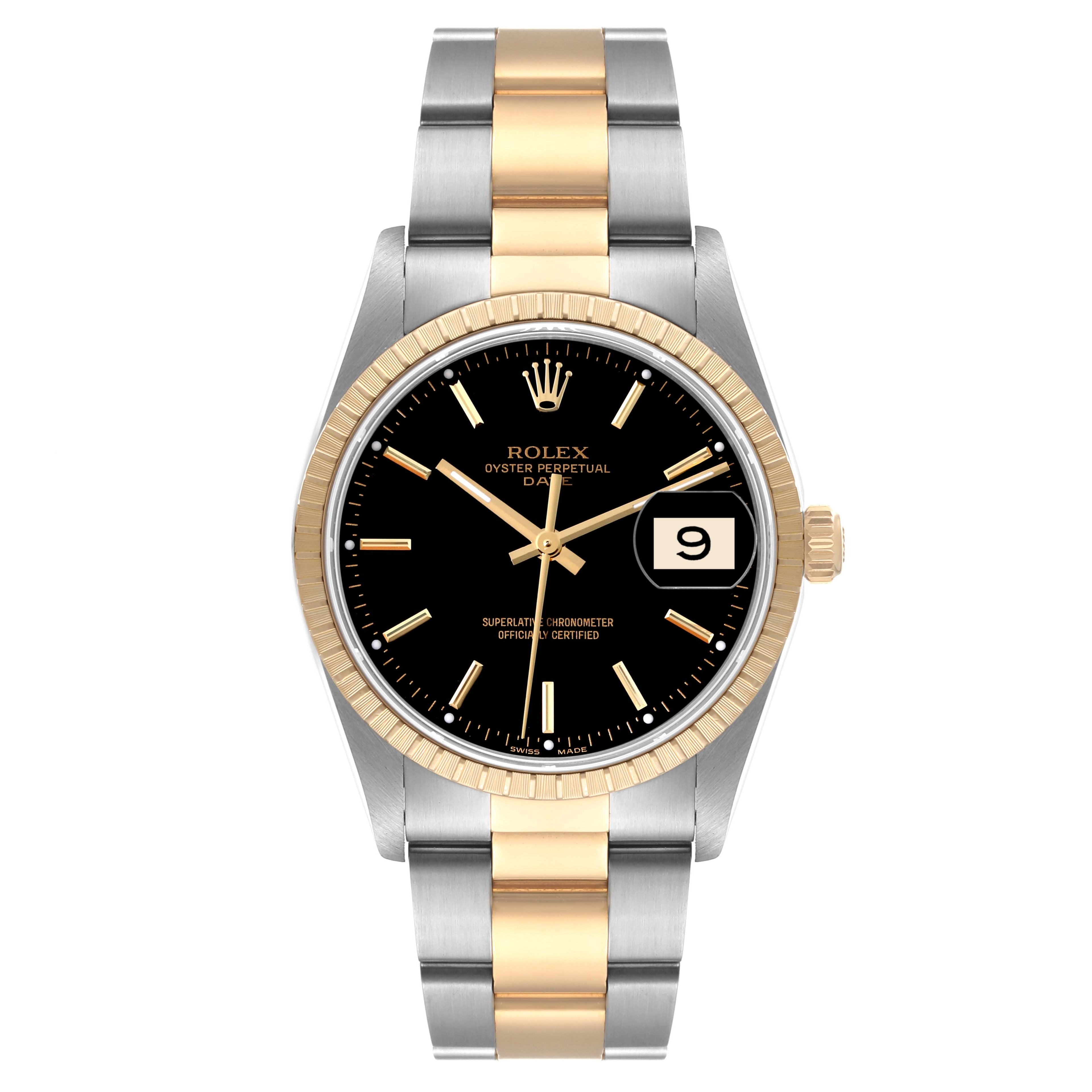 Rolex Date Steel Yellow Gold Black Dial Mens Watch 15223 Box Service Card