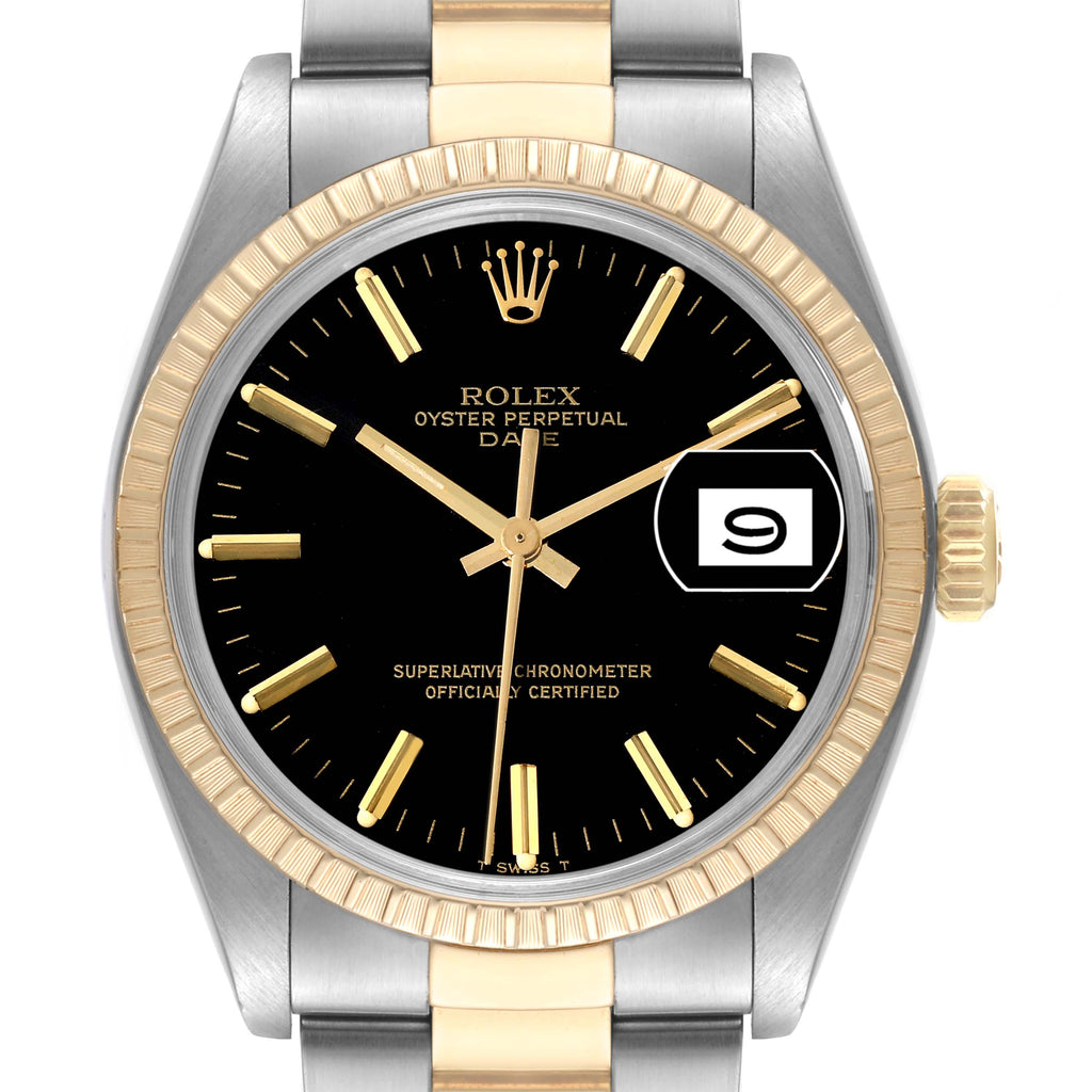 Rolex Date Steel Yellow Gold Black Dial Vintage Mens Watch 1500