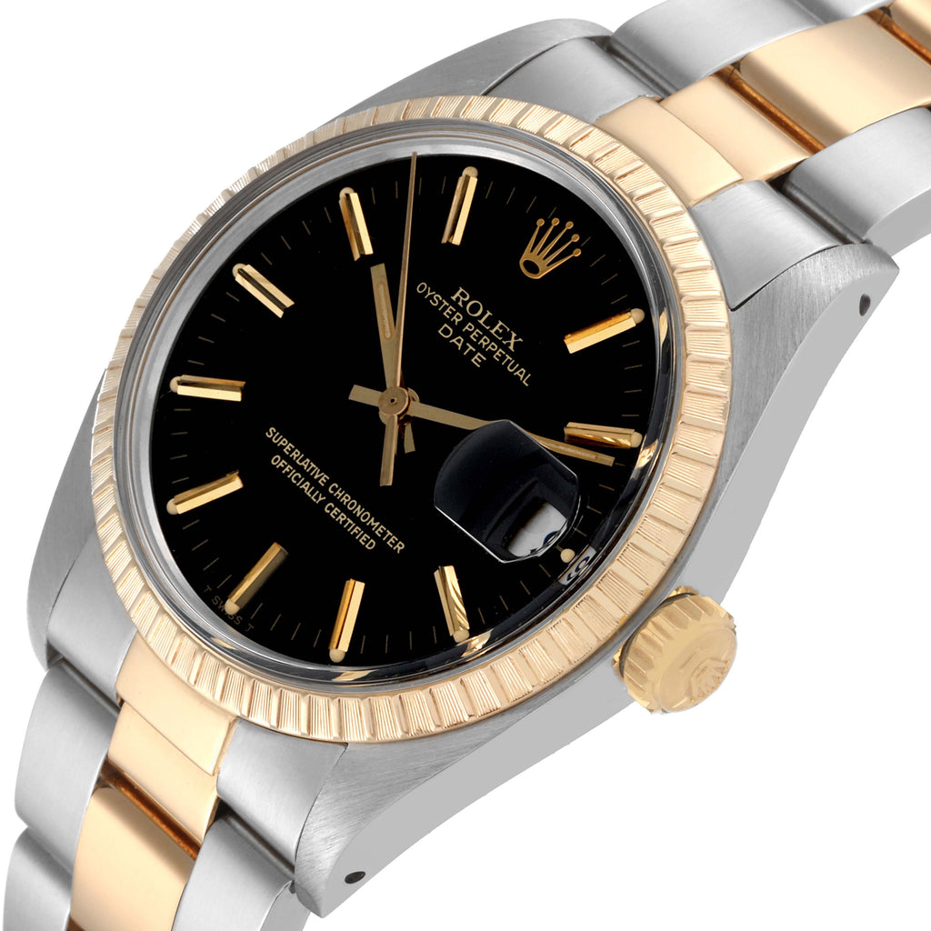 Rolex Date Steel Yellow Gold Black Dial Vintage Mens Watch 1500