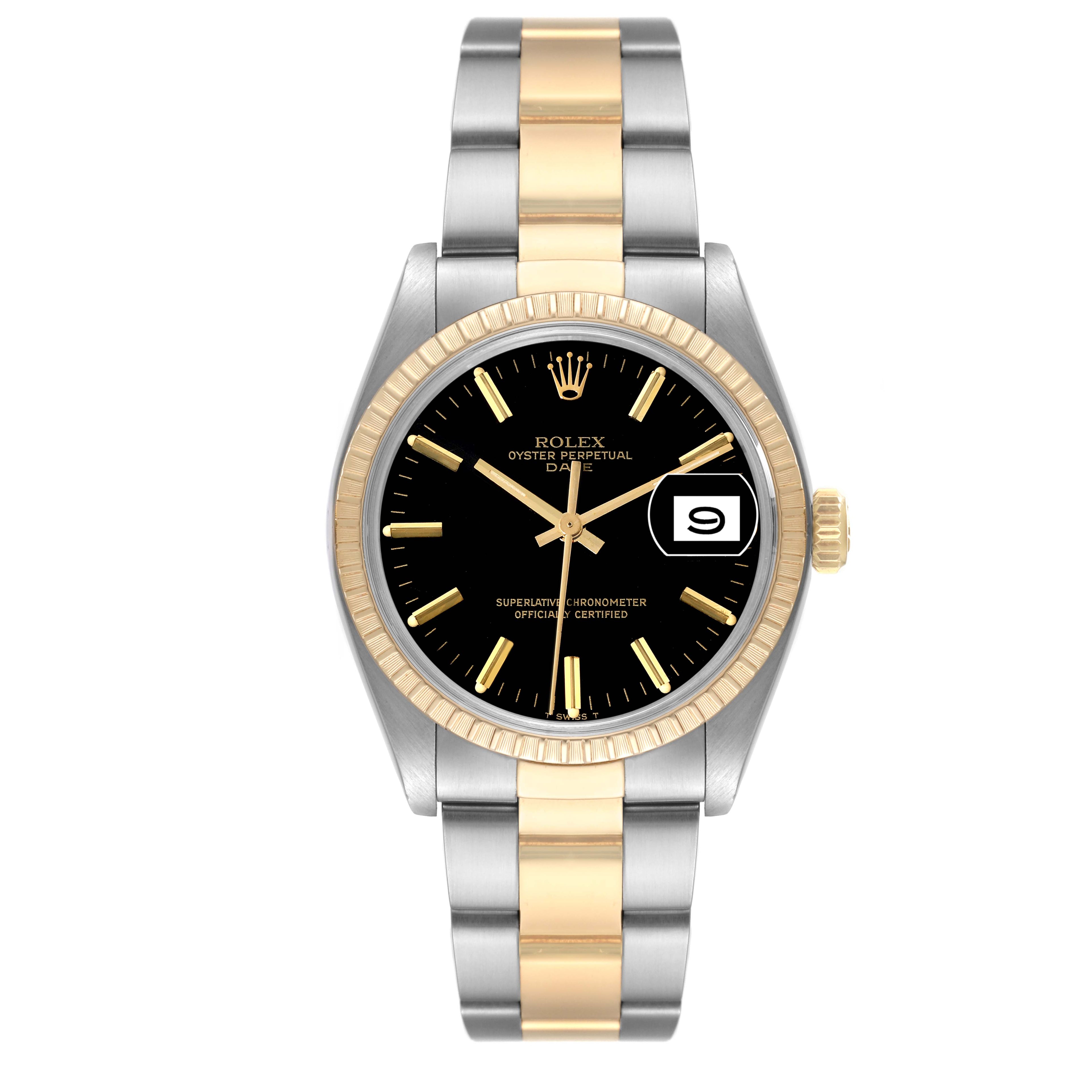 Rolex Date Steel Yellow Gold Black Dial Vintage Mens Watch 1500