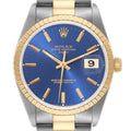 Rolex Date Steel Yellow Gold Blue Dial Mens Watch 15223