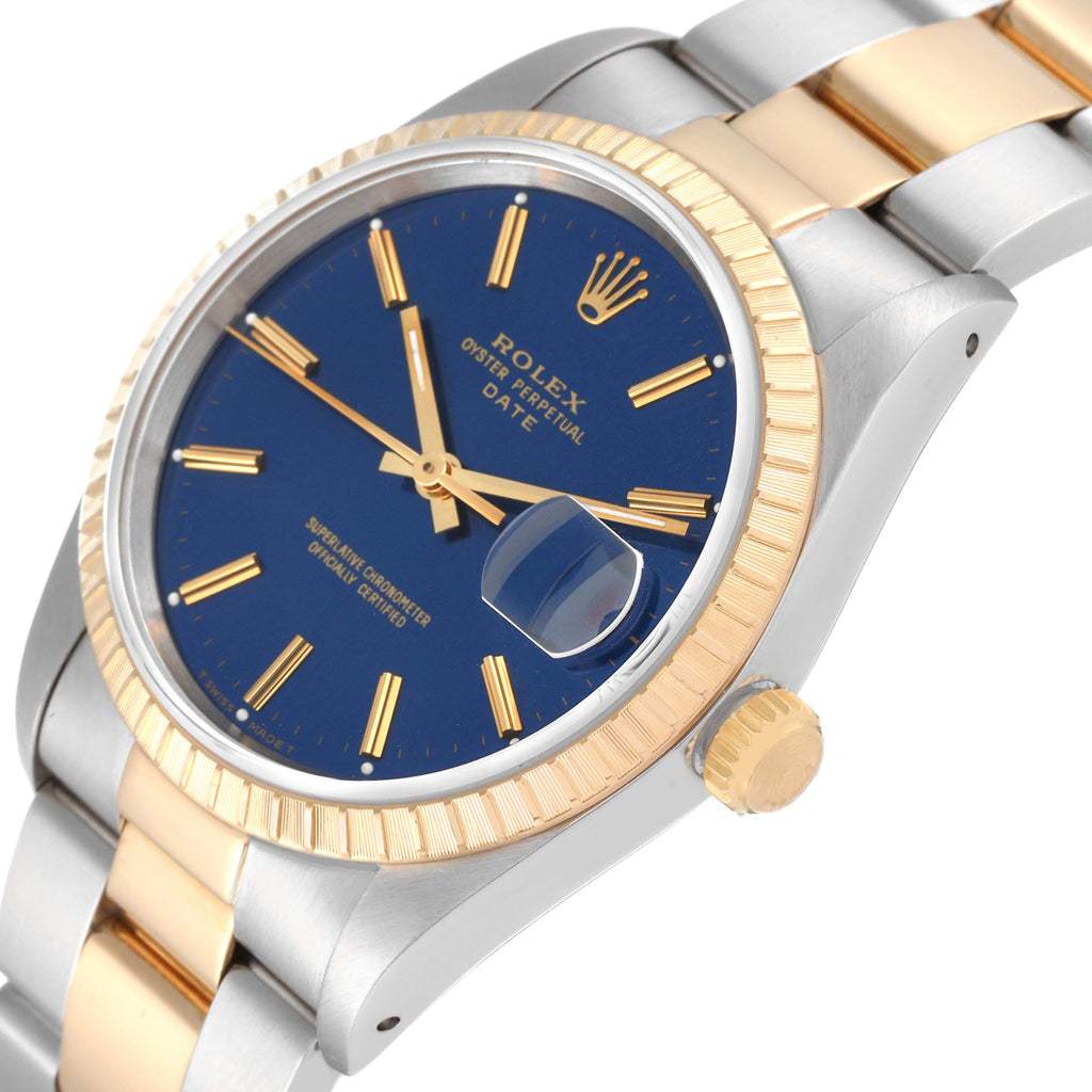 Rolex Date Steel Yellow Gold Blue Dial Mens Watch 15223