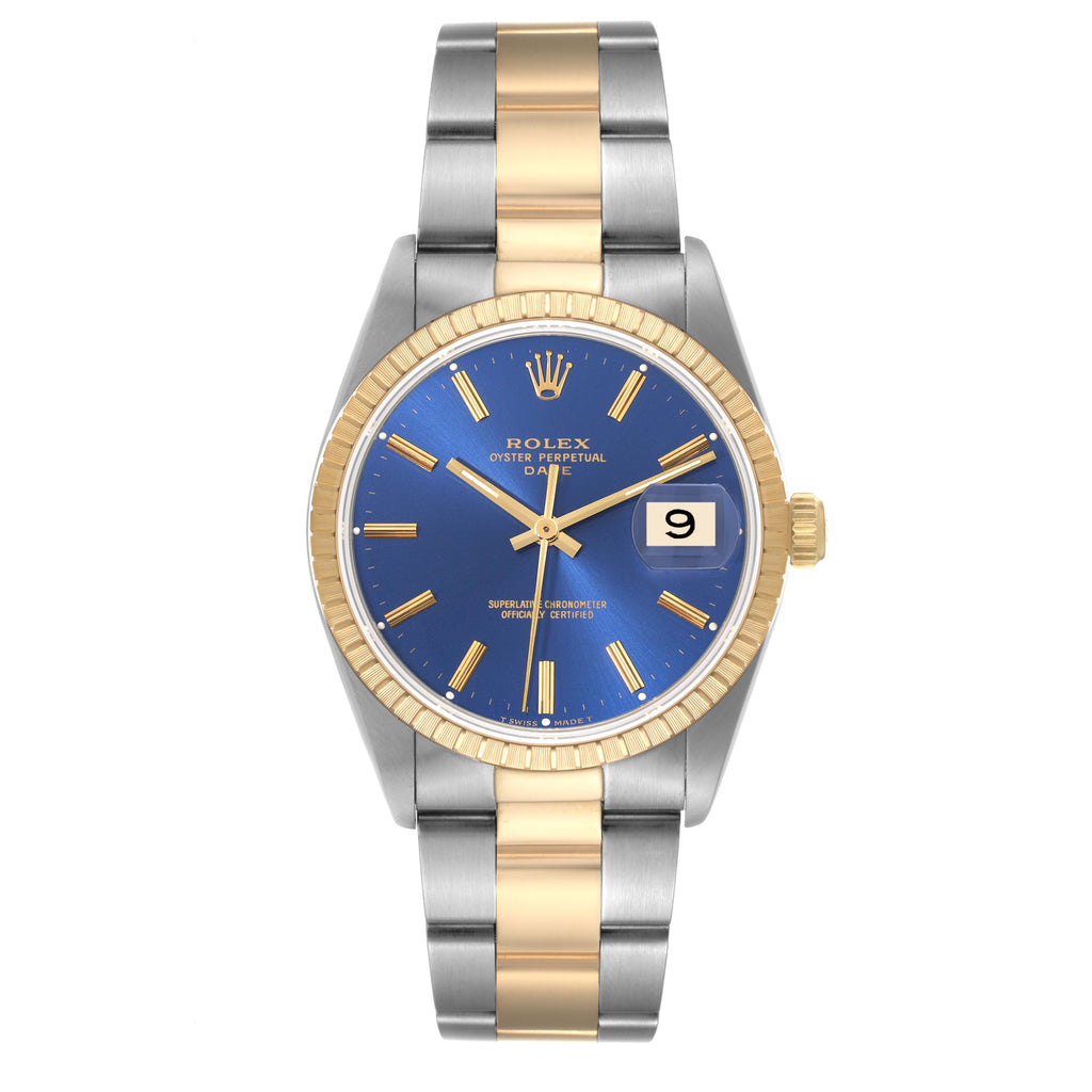 Rolex Date Steel Yellow Gold Blue Dial Mens Watch 15223