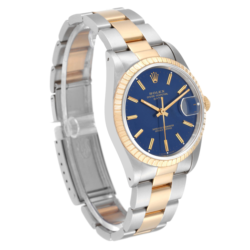 Rolex Date Steel Yellow Gold Blue Dial Mens Watch 15223