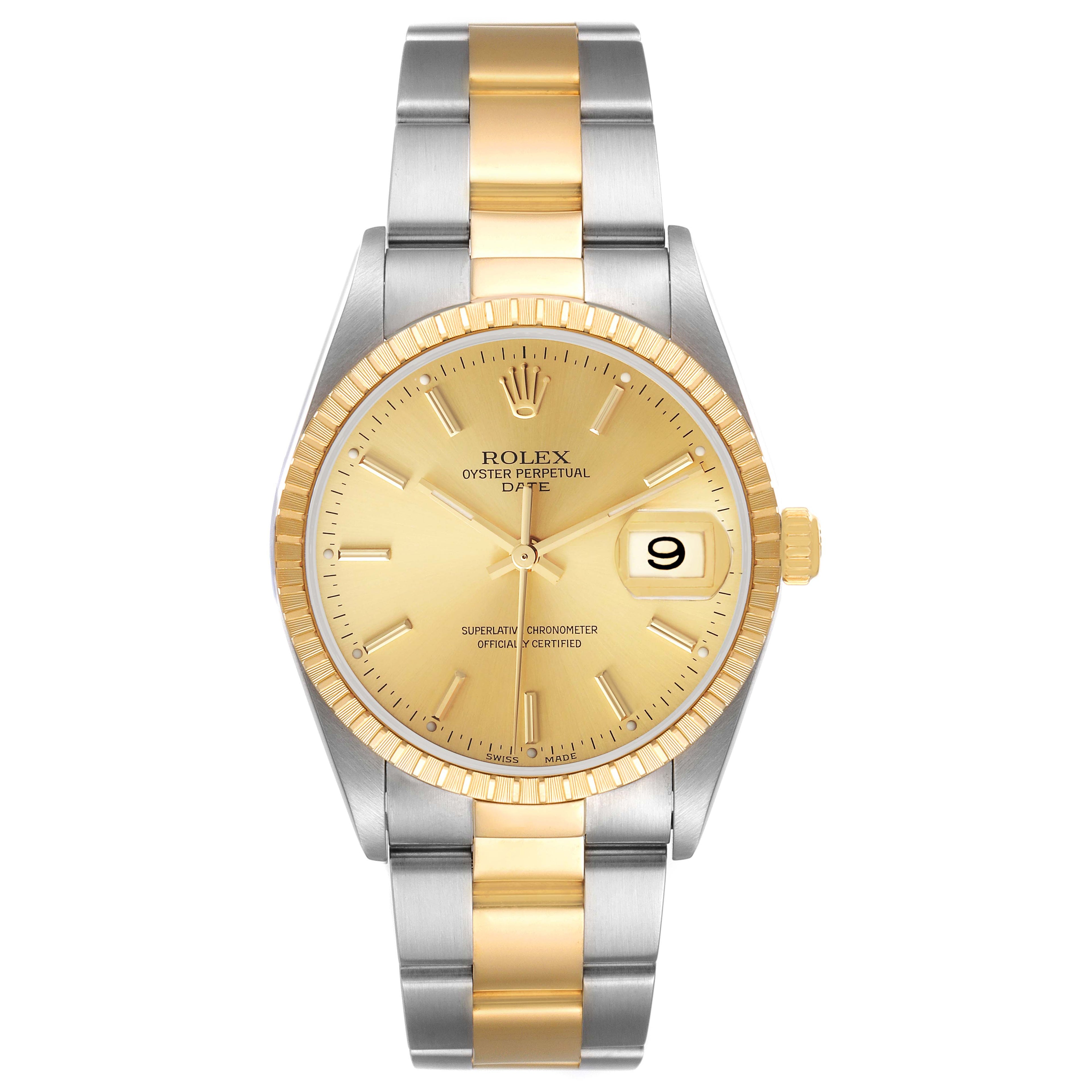Rolex Date Steel Yellow Gold Champagne Dial Mens Watch 15223 Box Papers