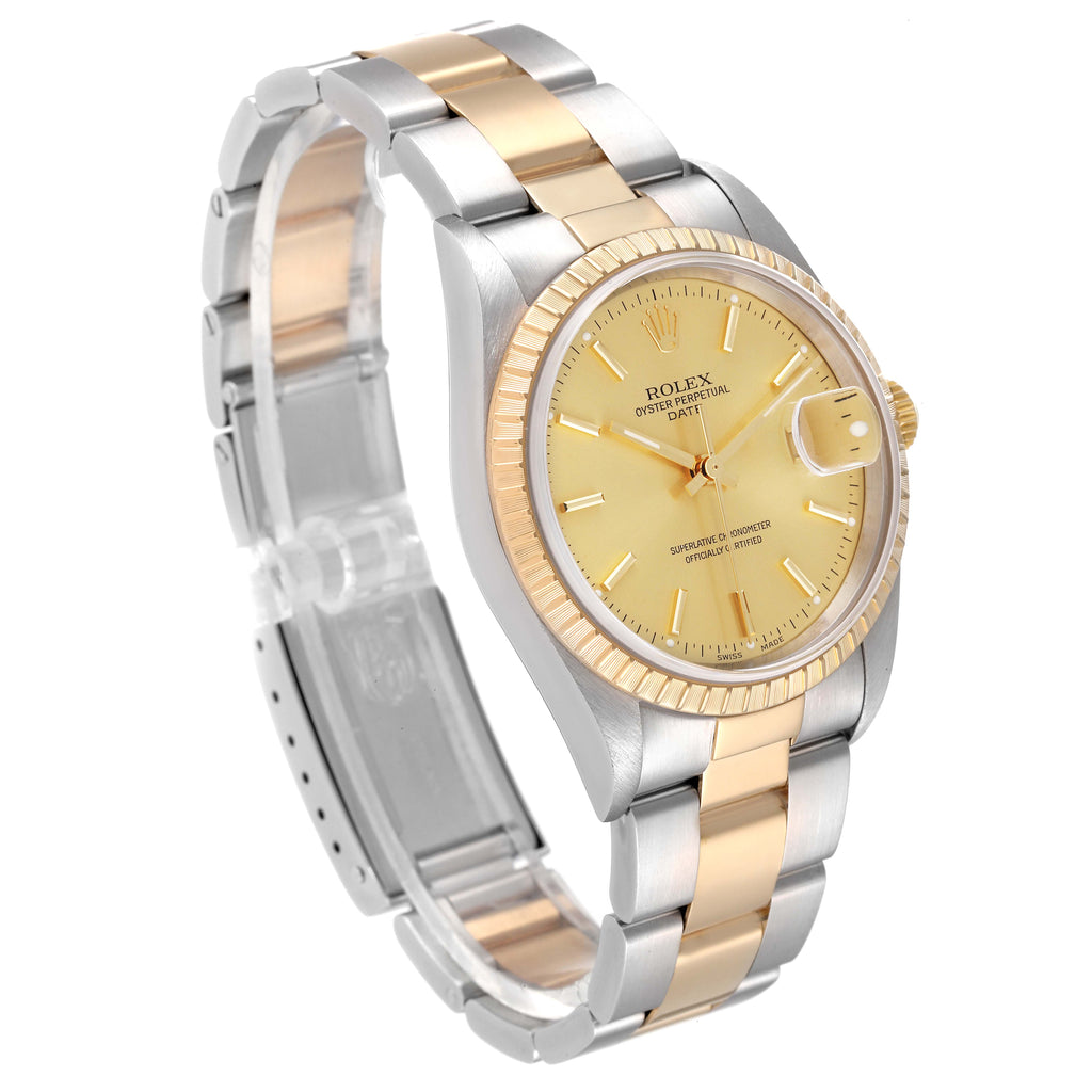 Rolex Date Steel Yellow Gold Champagne Dial Mens Watch 15223 Box Papers