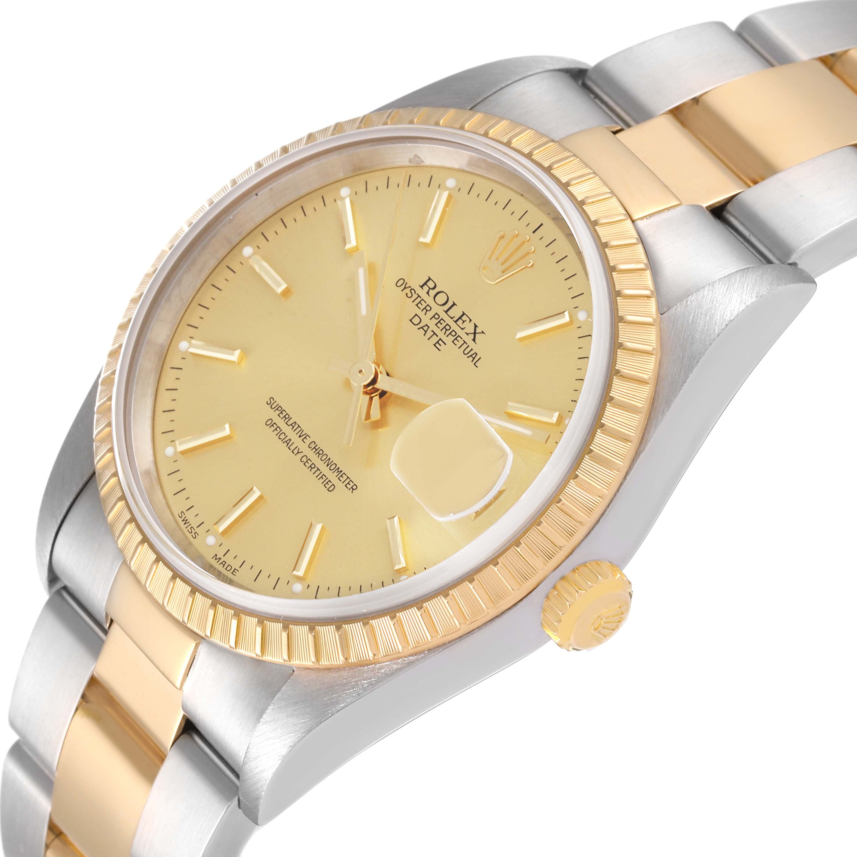 Rolex Date Steel Yellow Gold Champagne Dial Mens Watch 15223 Box Papers