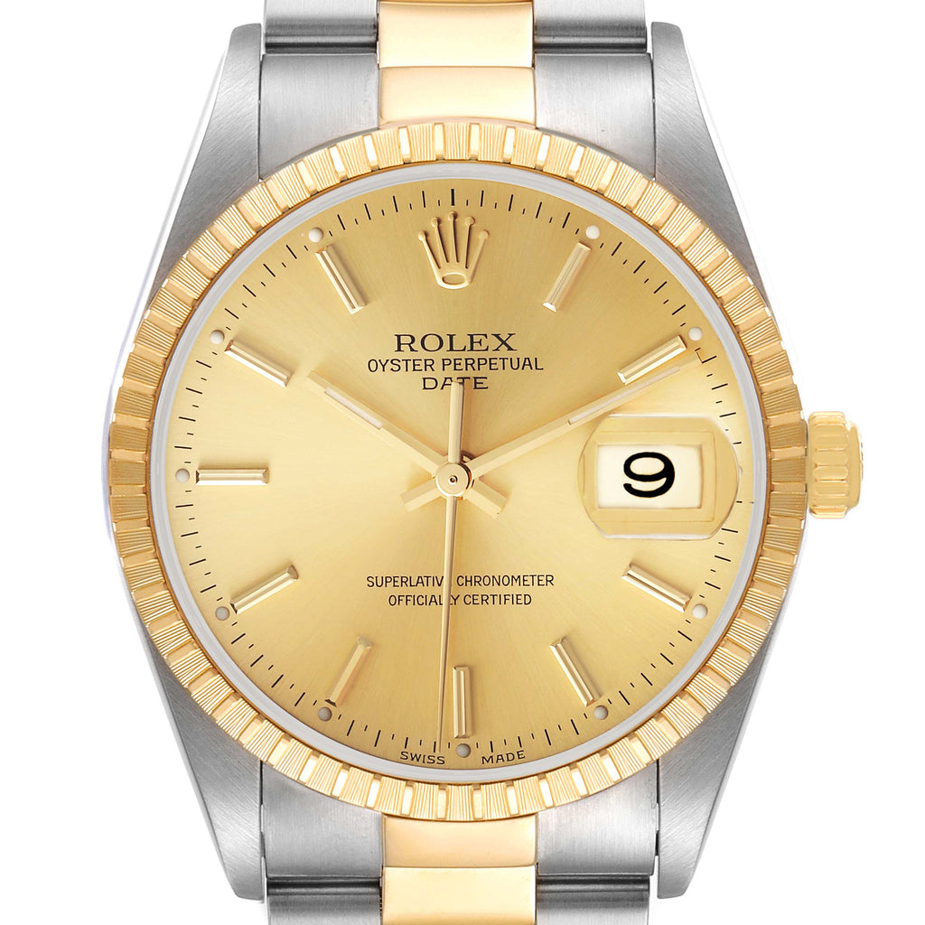 Rolex Date Steel Yellow Gold Champagne Dial Mens Watch 15223 Box Papers