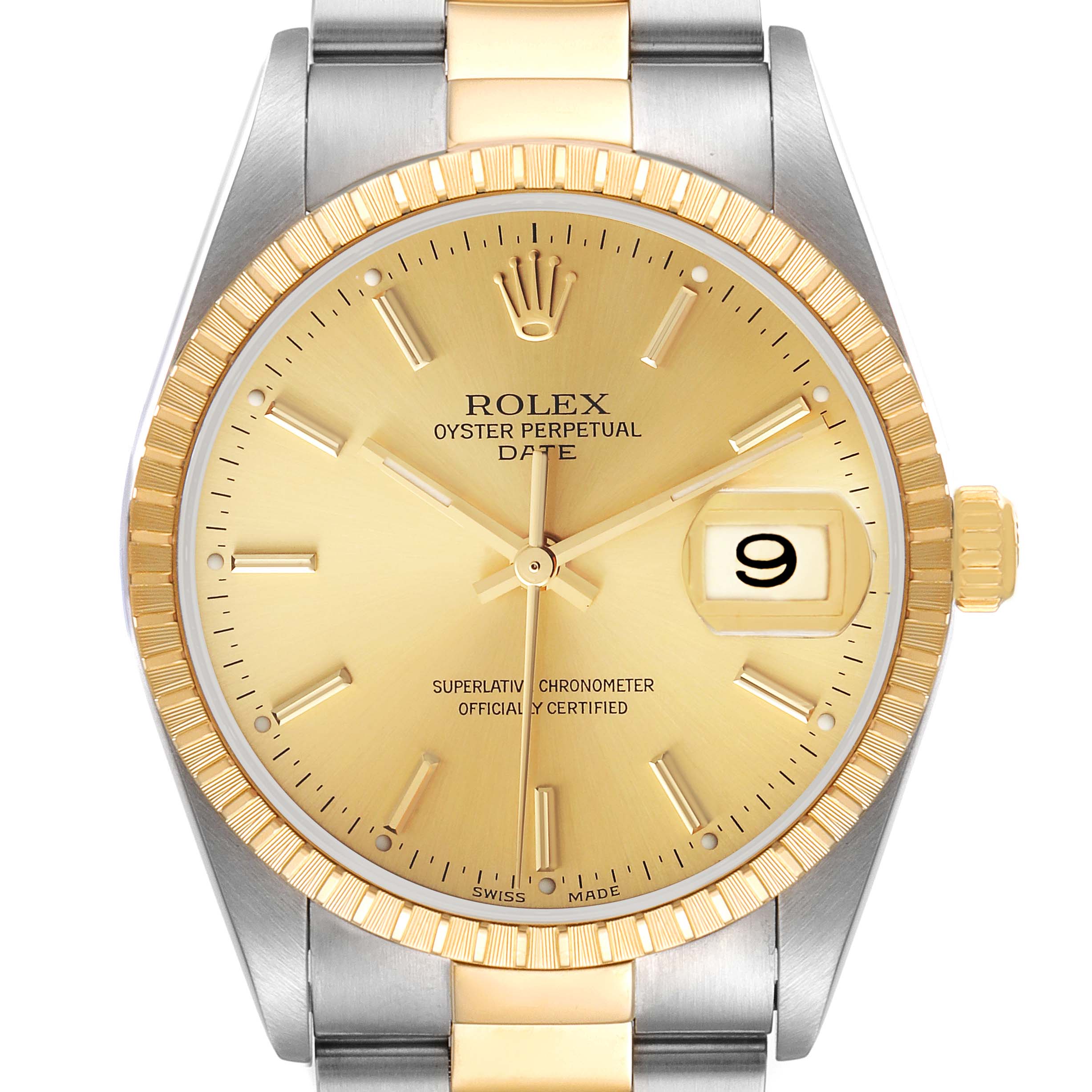 Rolex Date Steel Yellow Gold Champagne Dial Mens Watch 15223 Box Papers