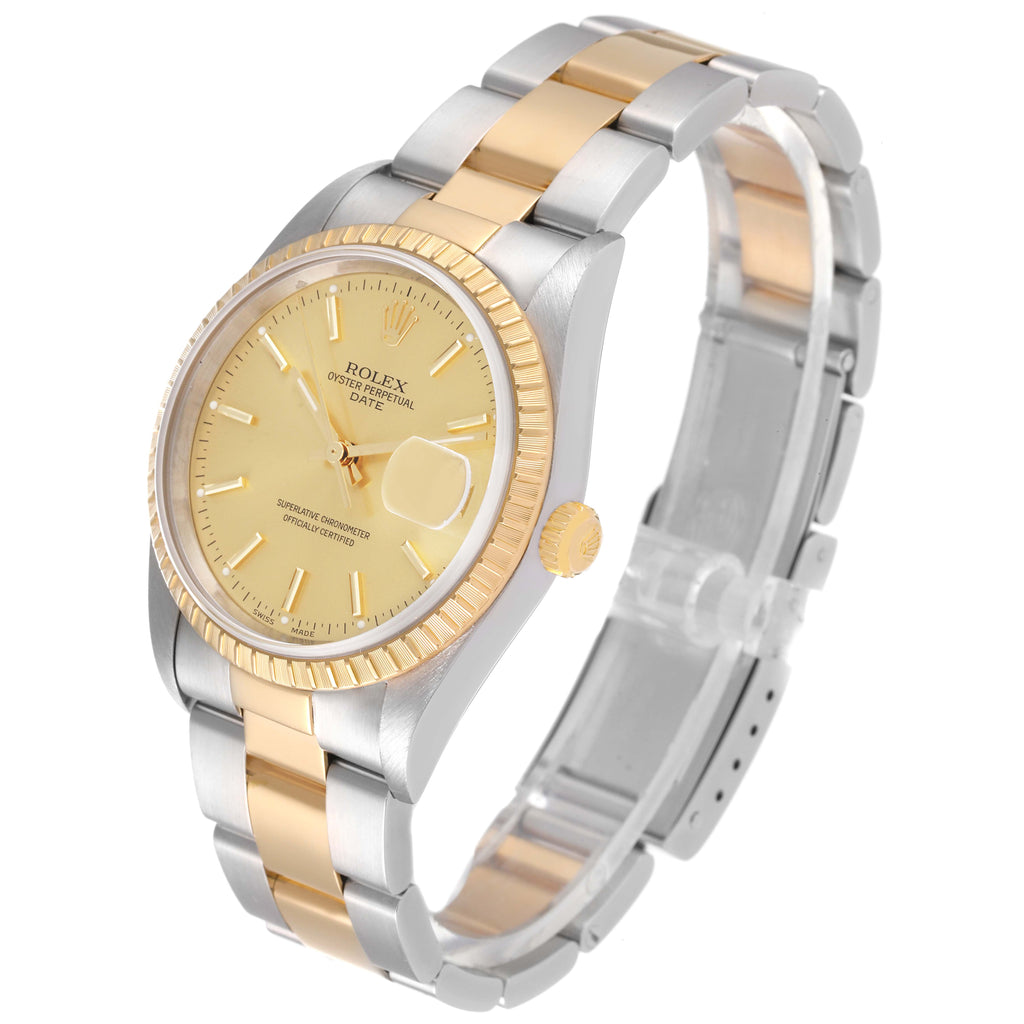 Rolex Date Steel Yellow Gold Champagne Dial Mens Watch 15223 Box Papers