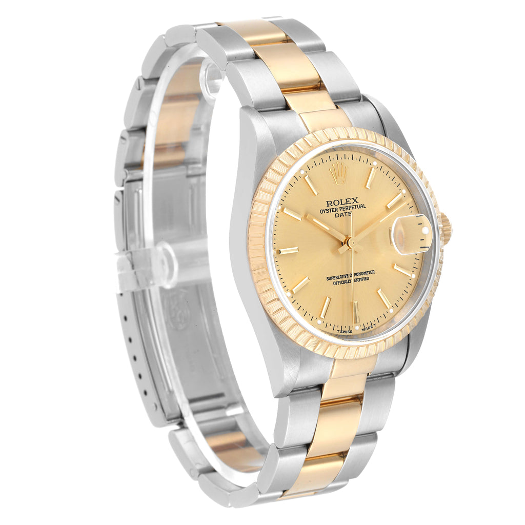 Rolex Date Steel Yellow Gold Champagne Dial Mens Watch 15223 Box Service Papers