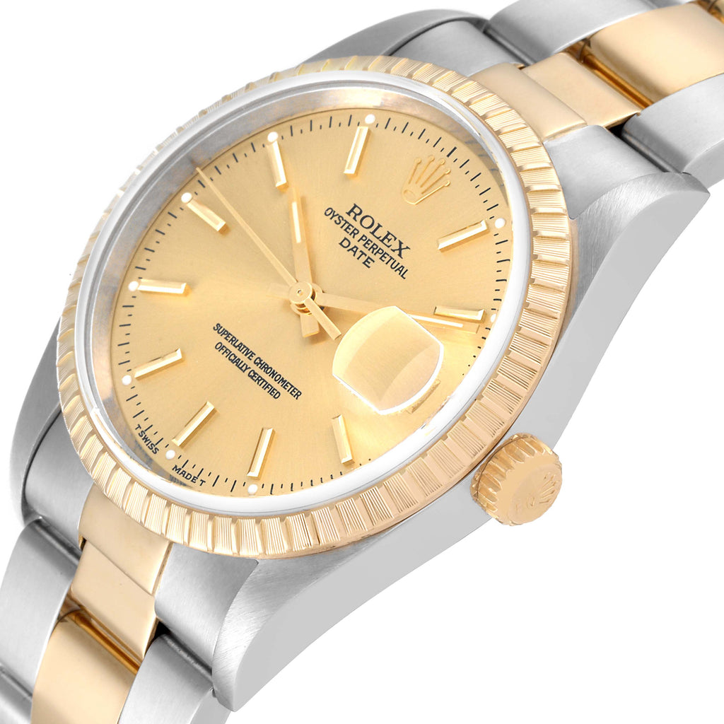 Rolex Date Steel Yellow Gold Champagne Dial Mens Watch 15223 Box Service Papers