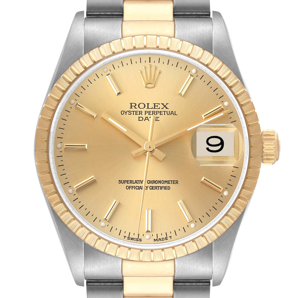 Rolex Date Steel Yellow Gold Champagne Dial Mens Watch 15223 Box Service Papers