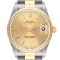 Rolex Date Steel Yellow Gold Champagne Dial Mens Watch 15223 Box Service Papers