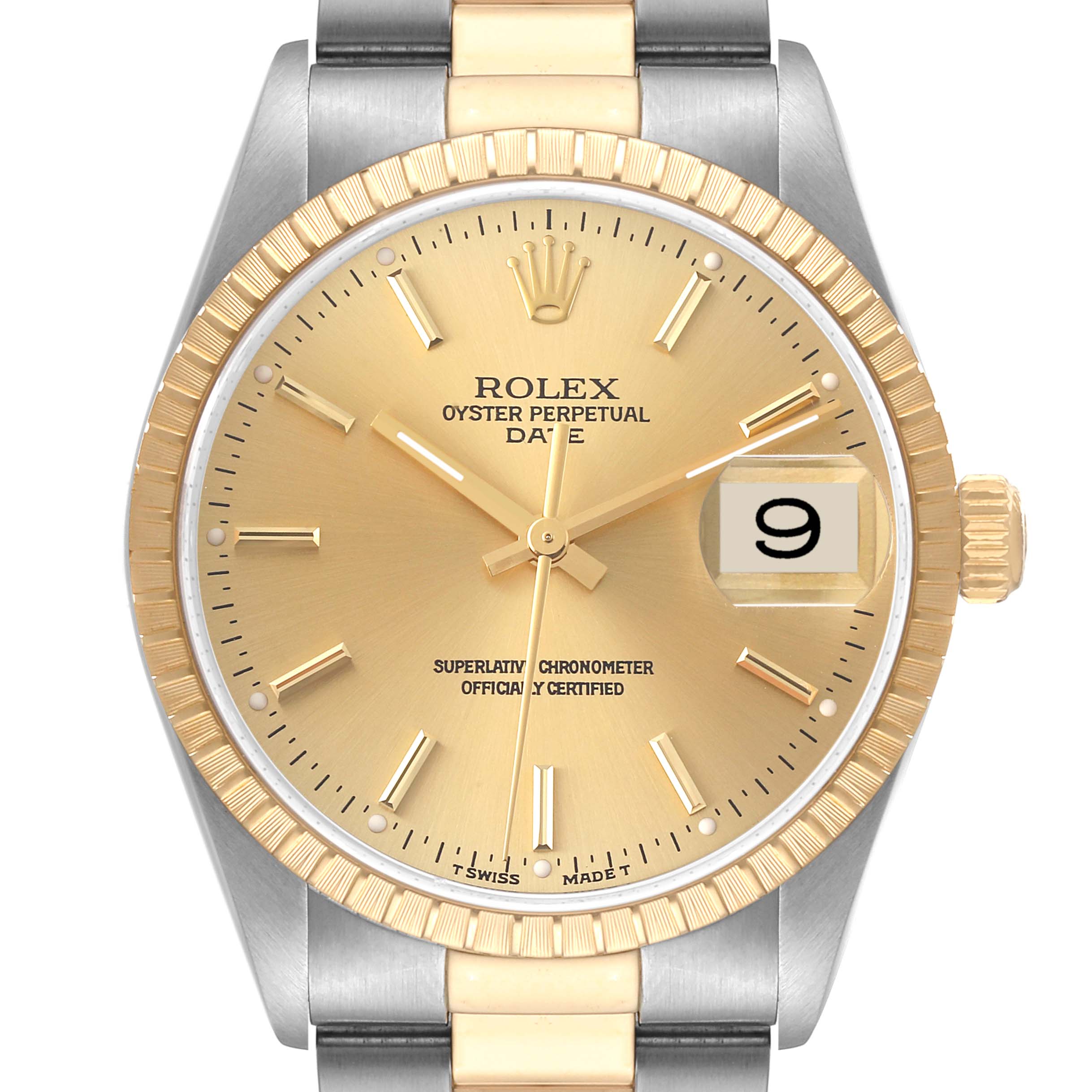 Rolex Date Steel Yellow Gold Champagne Dial Mens Watch 15223 Box Service Papers