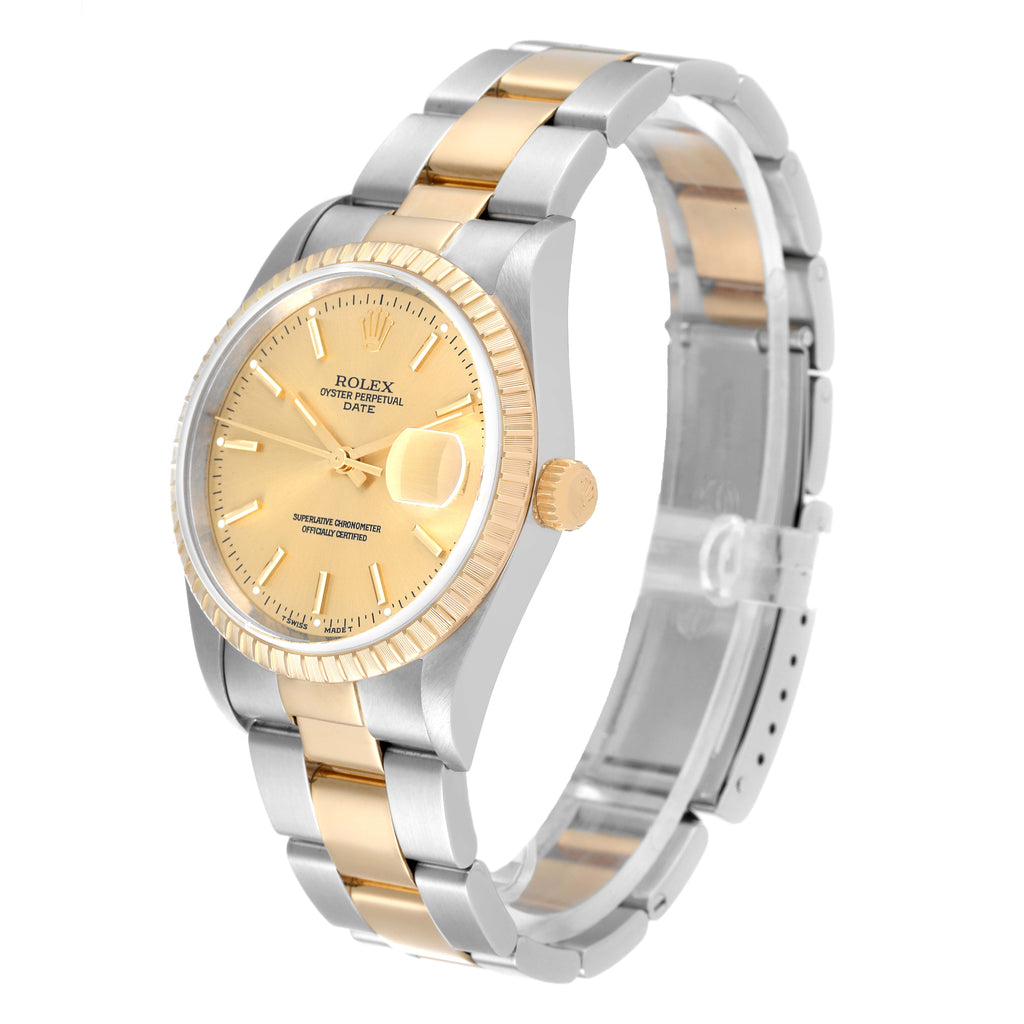 Rolex Date Steel Yellow Gold Champagne Dial Mens Watch 15223 Box Service Papers