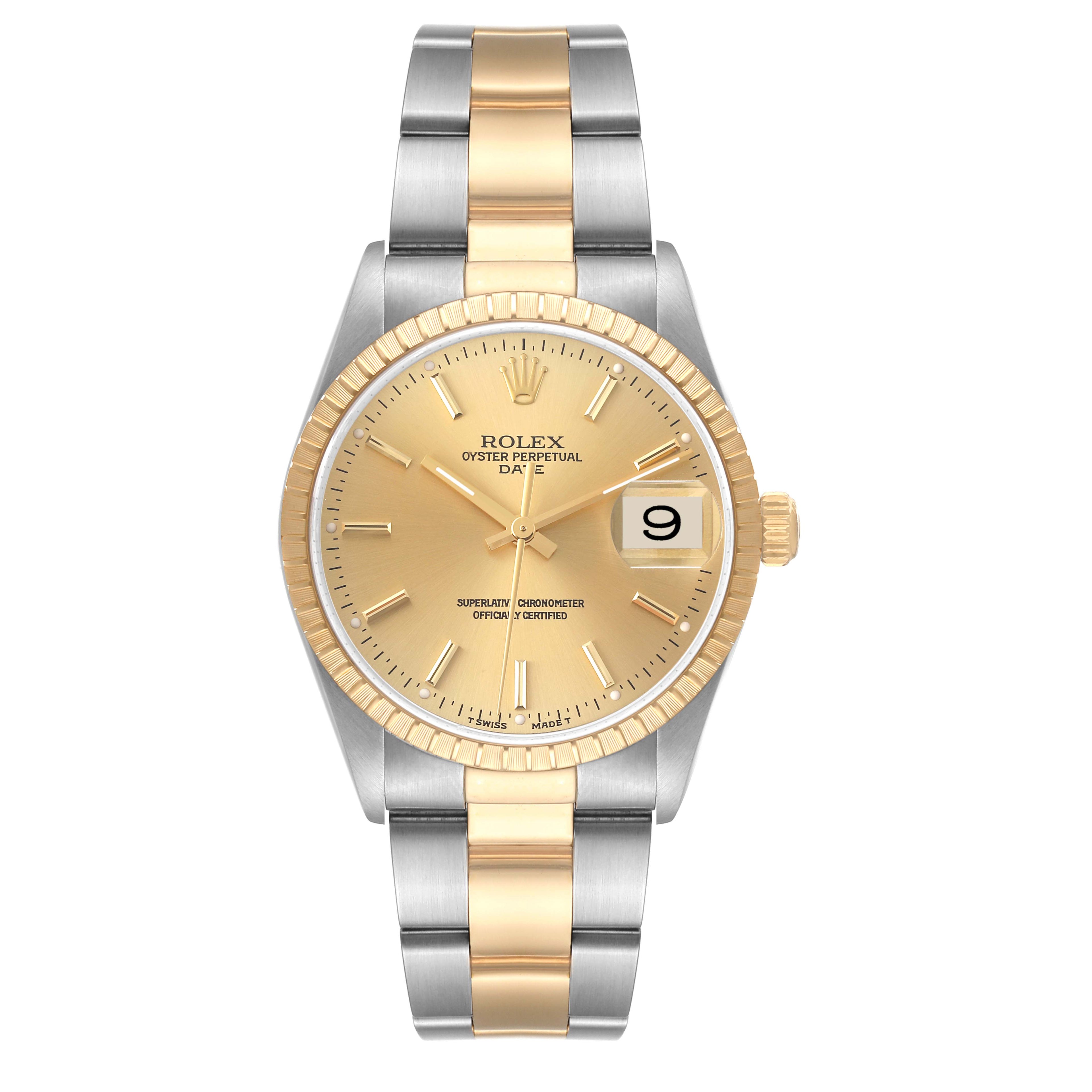 Rolex Date Steel Yellow Gold Champagne Dial Mens Watch 15223 Box Service Papers