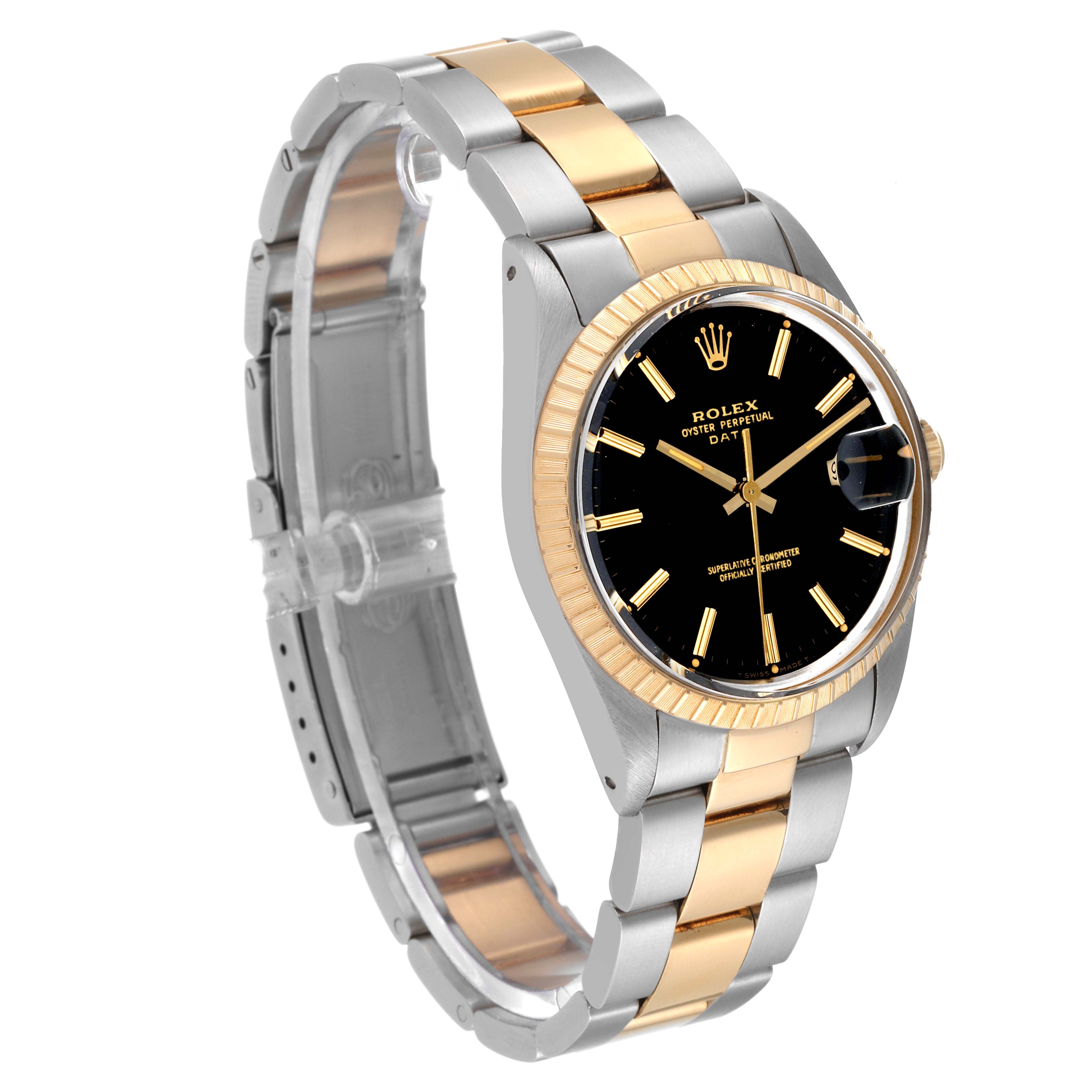 Rolex Date Steel Yellow Gold Engine Turned Bezel Black Dial Mens Watch 15053