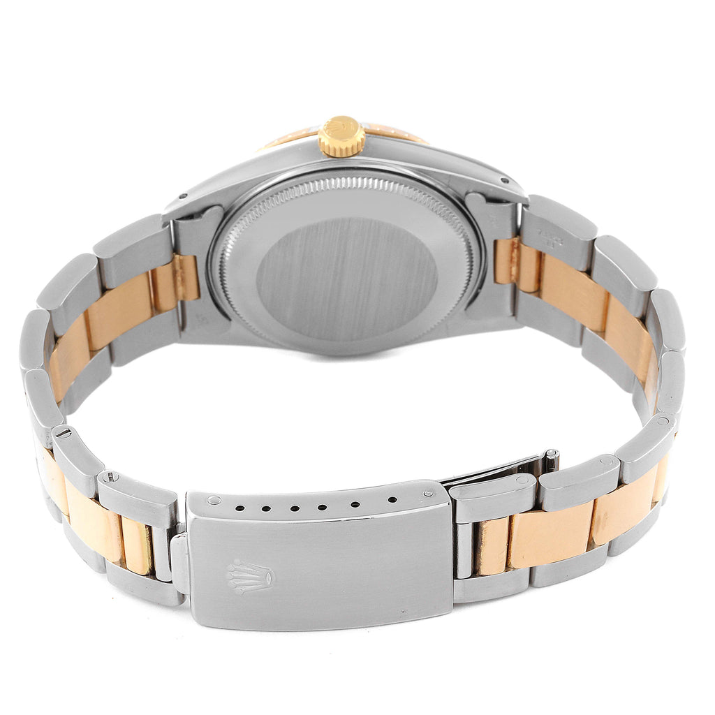 Rolex Date Steel Yellow Gold Engine Turned Bezel Black Dial Mens Watch 15053