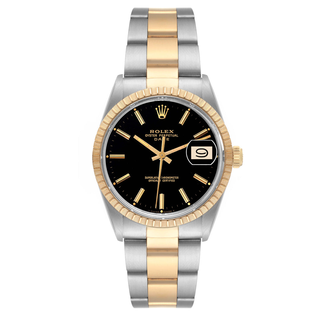 Rolex Date Steel Yellow Gold Engine Turned Bezel Black Dial Mens Watch 15053