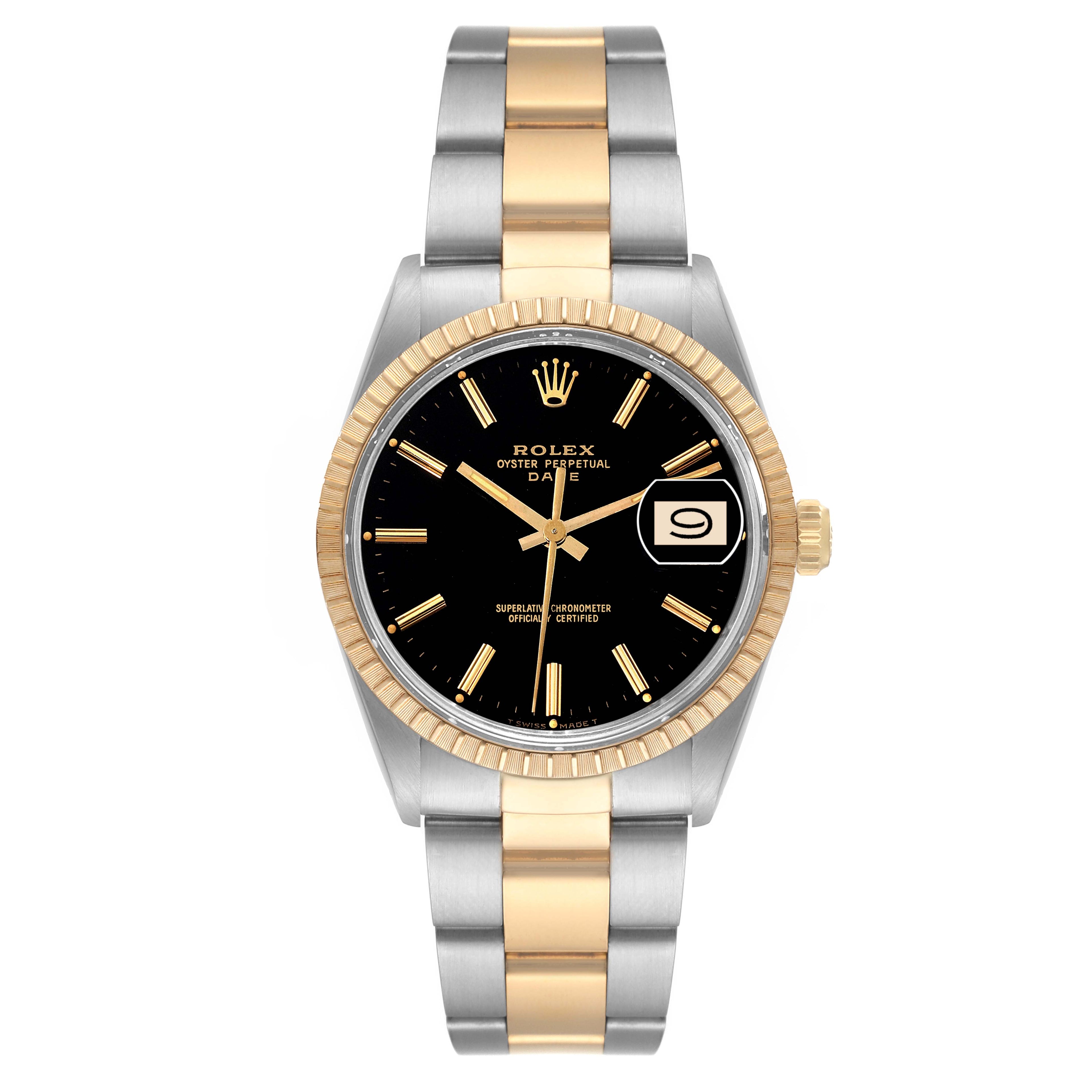 Rolex Date Steel Yellow Gold Engine Turned Bezel Black Dial Mens Watch 15053