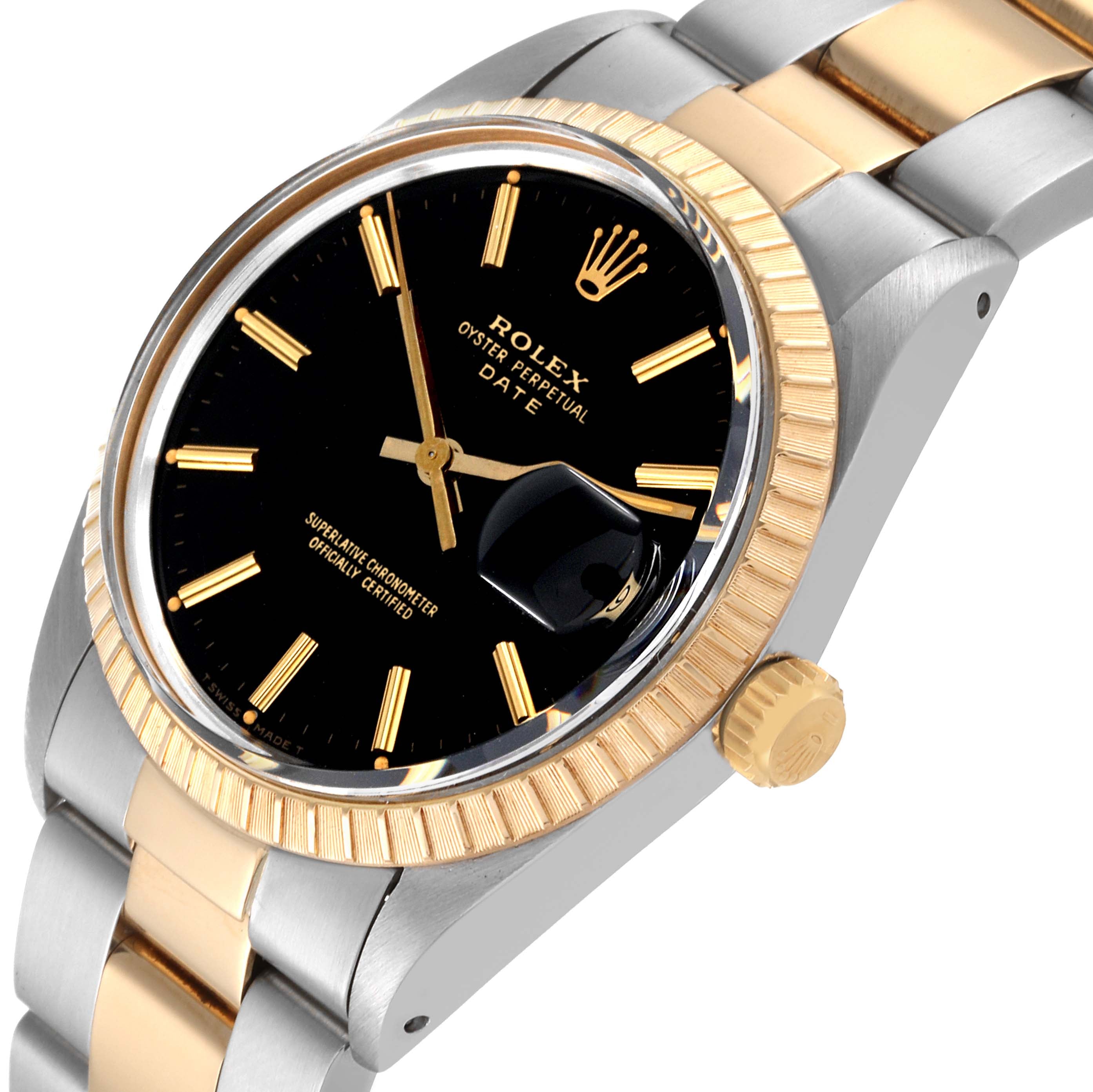 Rolex Date Steel Yellow Gold Engine Turned Bezel Black Dial Mens Watch 15053