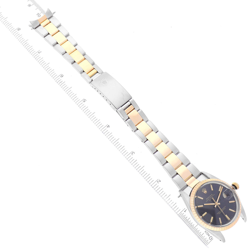Rolex Date Steel Yellow Gold Engine Turned Bezel Black Dial Mens Watch 15053