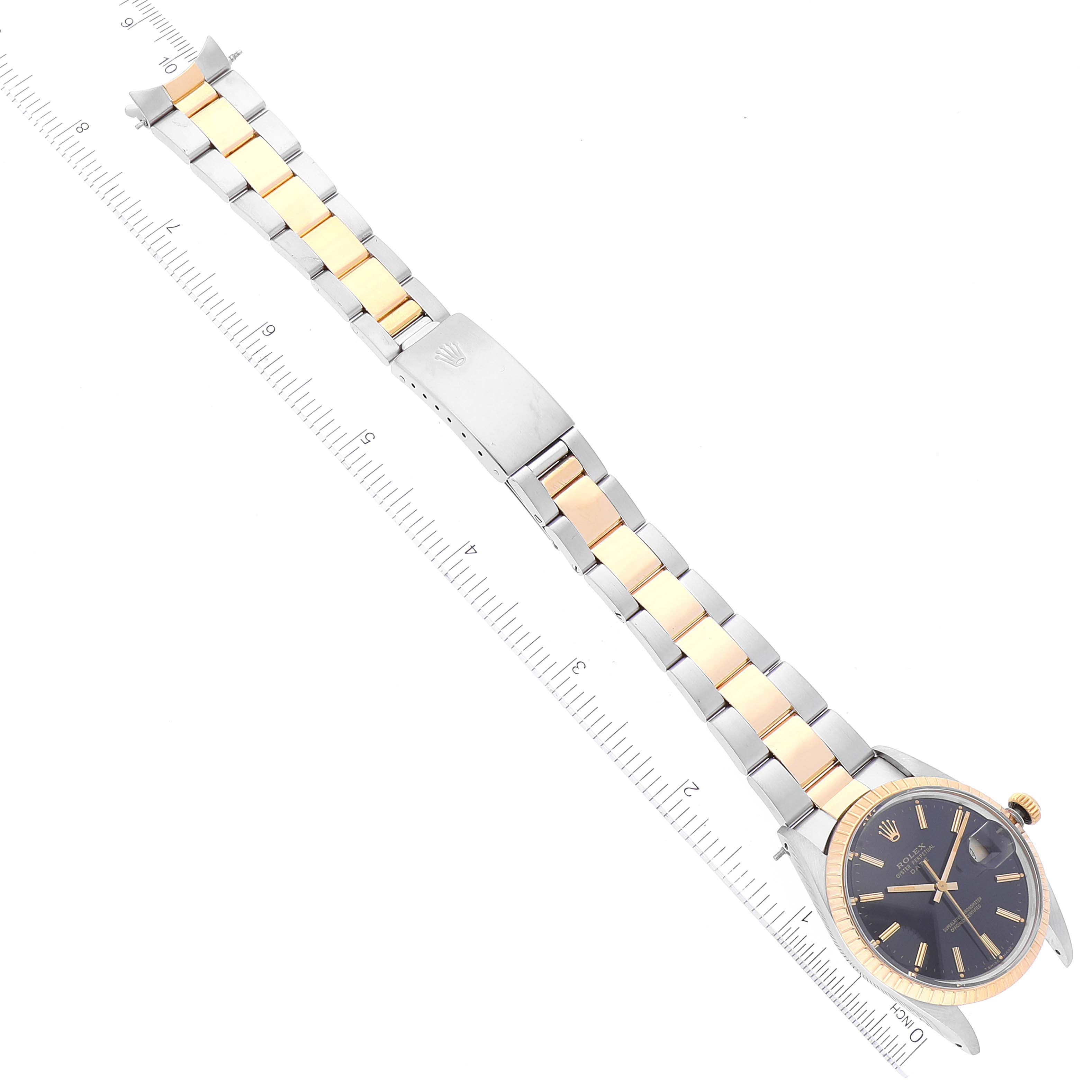 Rolex Date Steel Yellow Gold Engine Turned Bezel Black Dial Mens Watch 15053