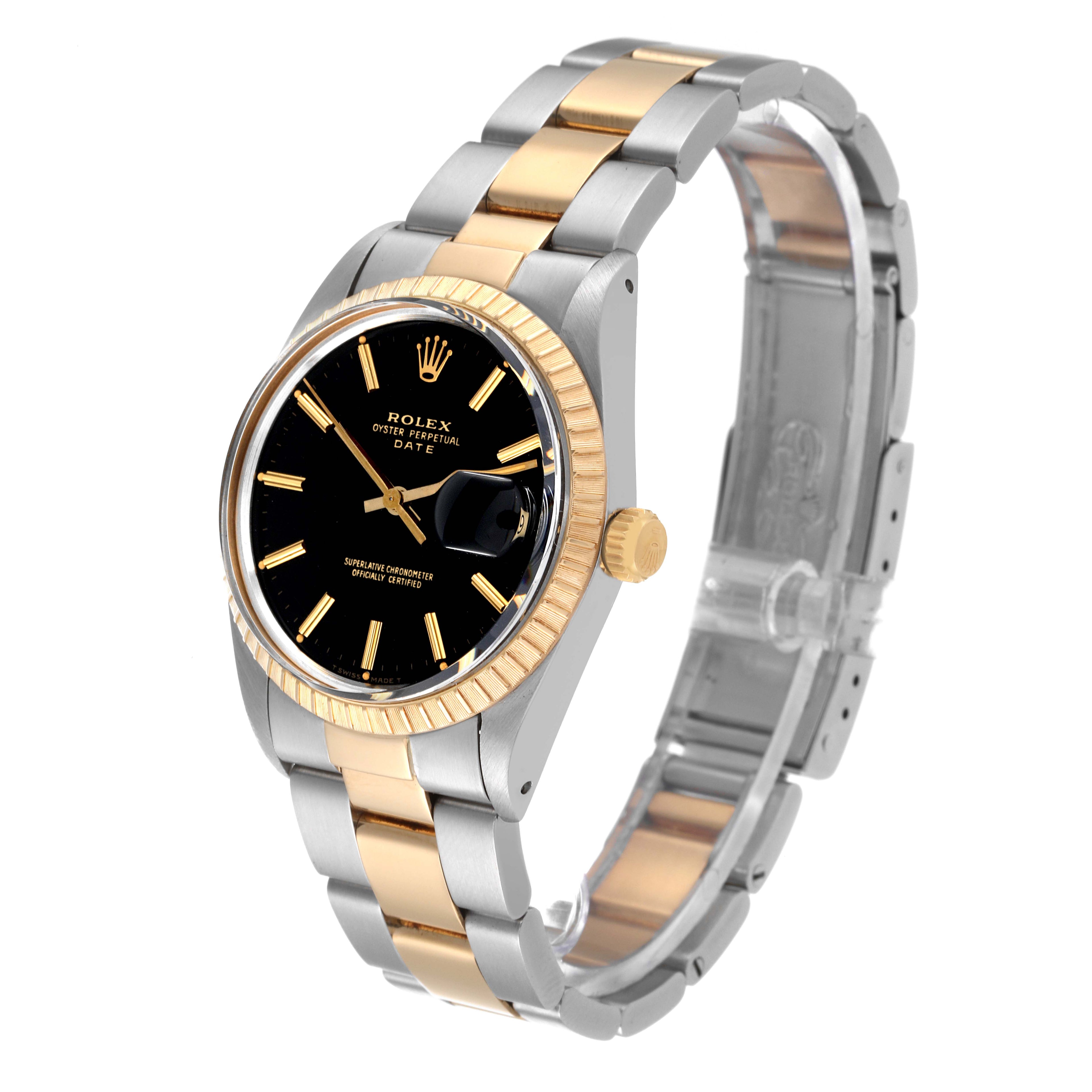 Rolex Date Steel Yellow Gold Engine Turned Bezel Black Dial Mens Watch 15053