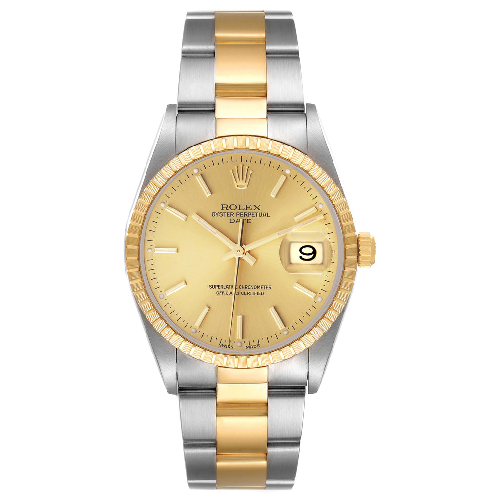Rolex Date Steel Yellow Gold Oyster Bracelet Mens Watch 15223 Box Papers