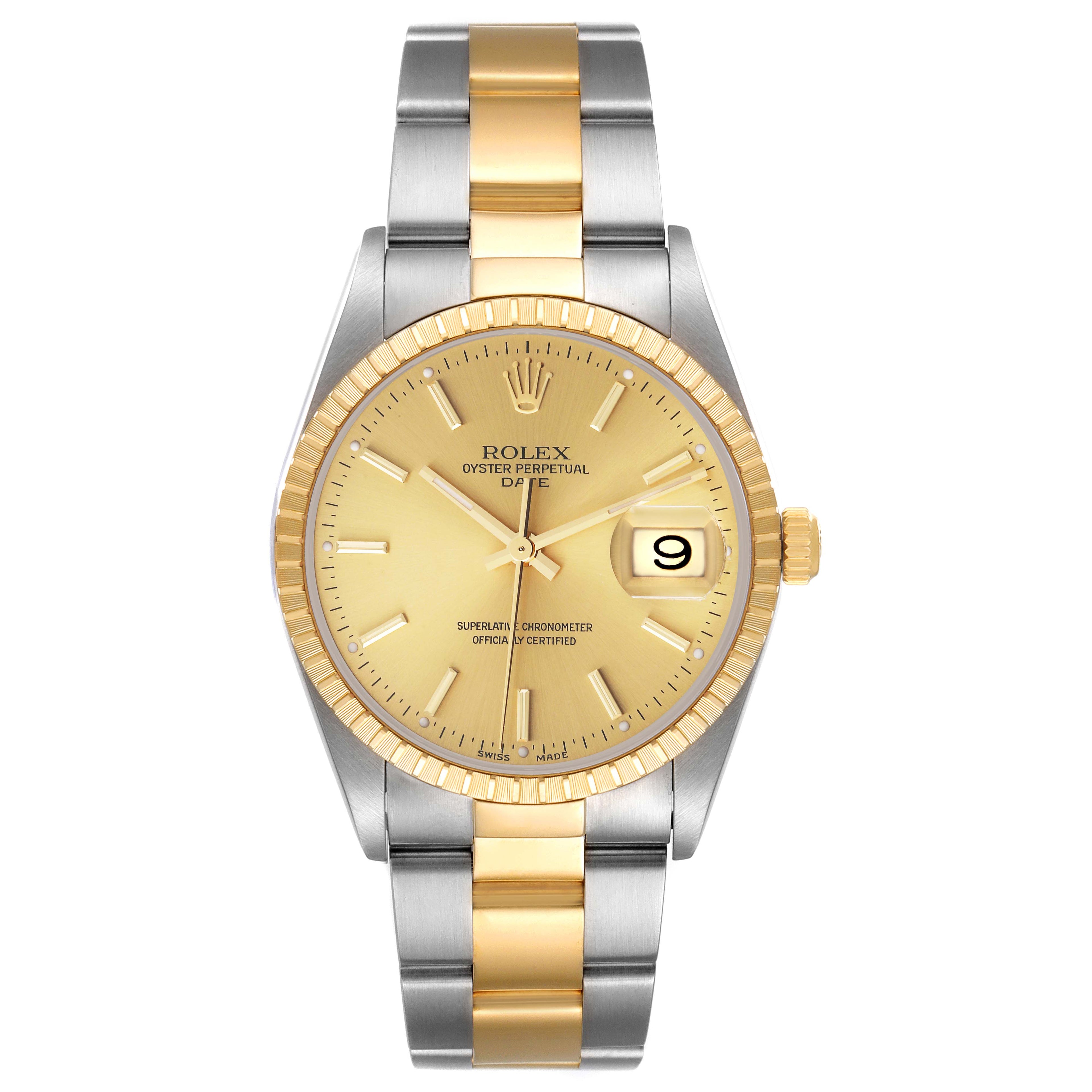 Rolex Date Steel Yellow Gold Oyster Bracelet Mens Watch 15223 Box Papers