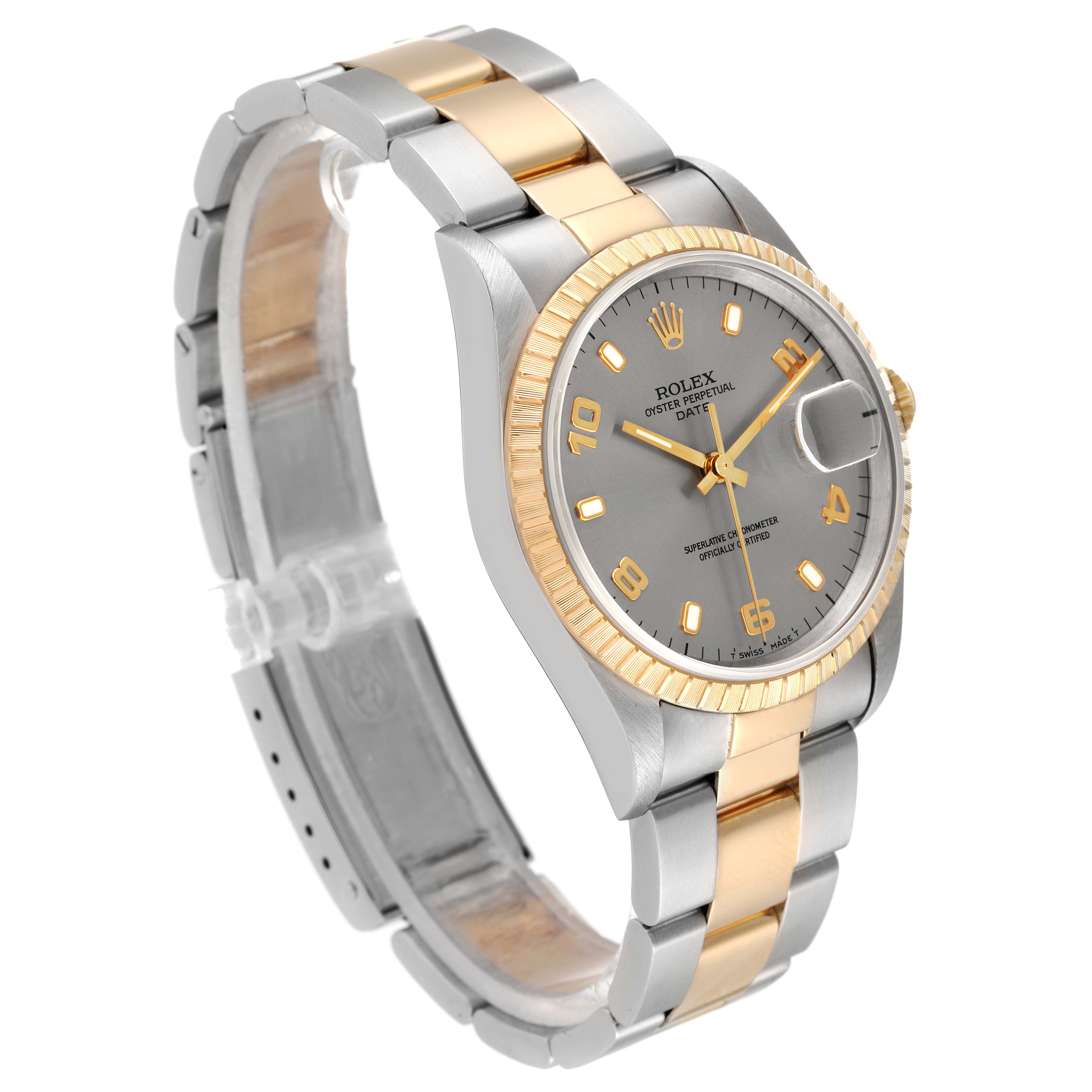 Rolex Date Steel Yellow Gold Slate Dial Mens Watch 15223
