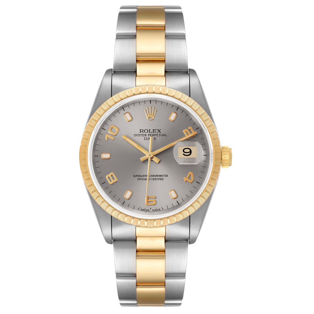 Rolex Date Steel Yellow Gold Slate Dial Mens Watch 15223